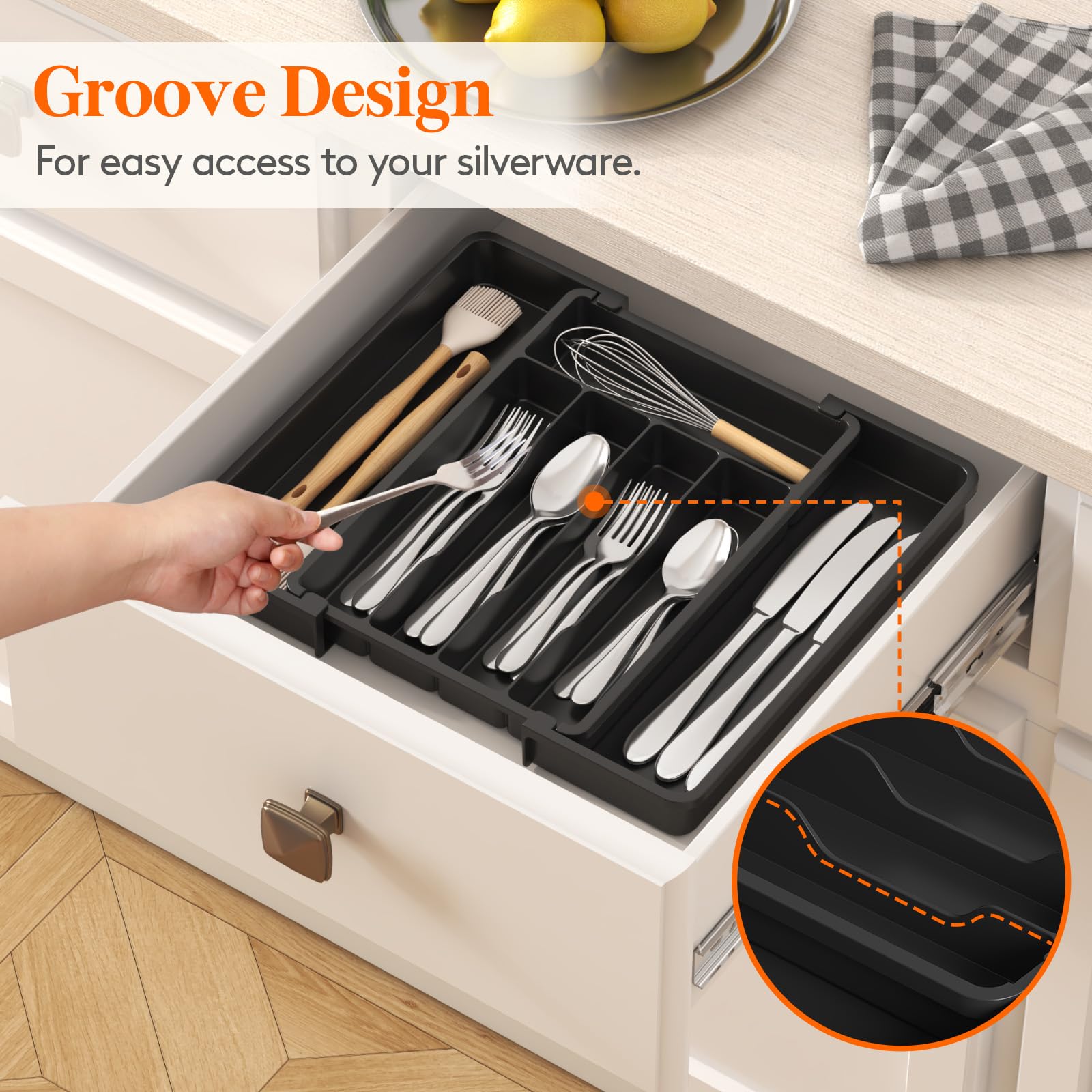 Lifewit Medium Silverware Drawer Organizer, Expandable Utensil Tray for Kitchen, BPA Free Flatware and Cutlery Holder, Adjustable Plastic Storage for Spoons Forks Knives, Black