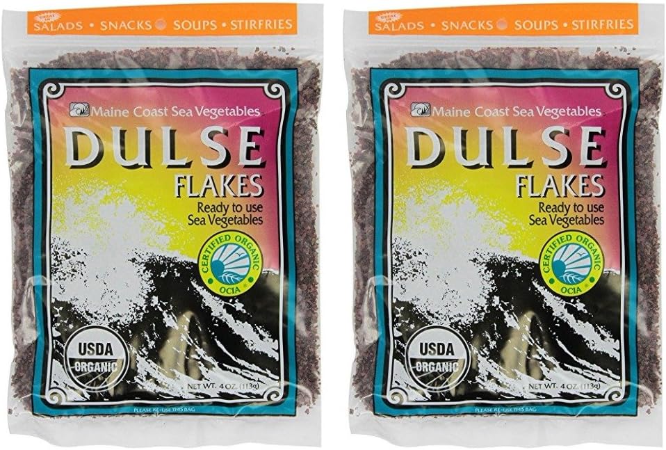 Dulse Flakes - Certified Organic- Sea Vegetables, washed, Pure Vegan- Maine Coast 4oz. (Pack OF 2)