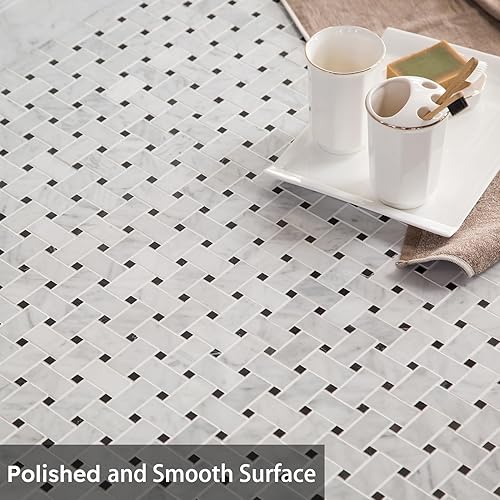 Miniatura 5 de Diflart Mosaico de mármol, blanco Carrara, tejido de canasta de 1 x 2 pulgadas, pulido, azulejos de mármol para cocina, baño, pared, paquete de 5