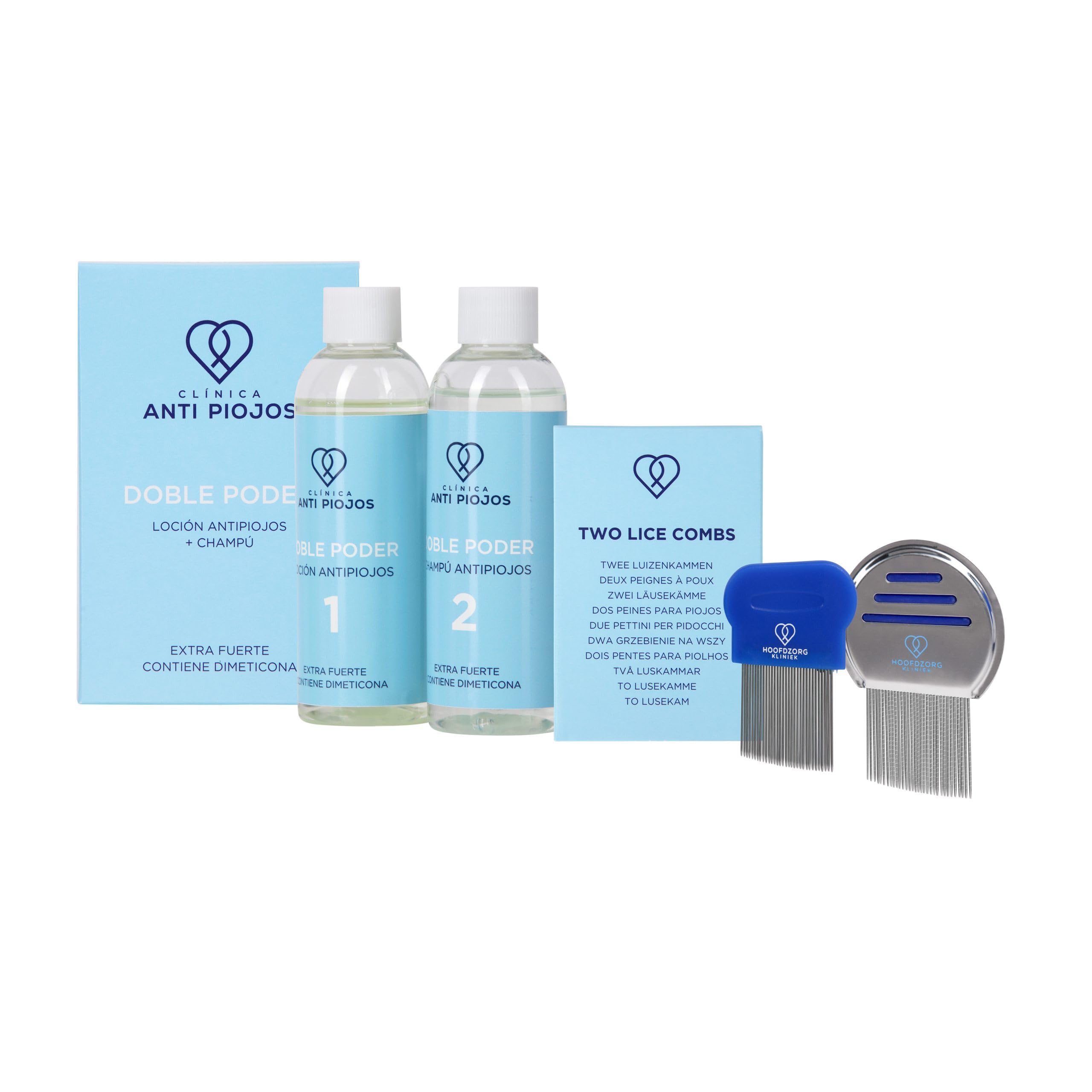 Doble Poder con pettini (loción contra piojos y champú contra piojos) de Clínica Anti Piojos - dos botellas con un total de 200 ml - con dimeticona