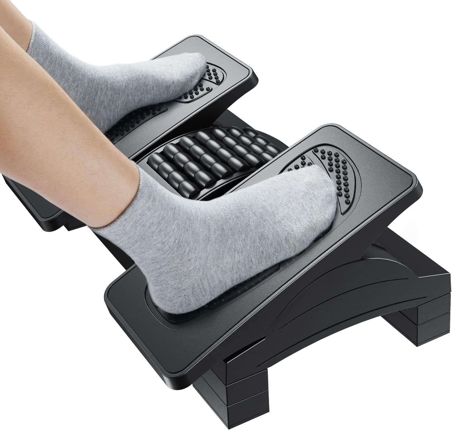 Ergonomic Foot Rest Under Desk at Work, 3 Adjustable Heights, Desk Footrest with Massage Texture and Roller, 20 Degree Tilt or Lock Angle Adjustment, Foot Stool for Office, Home, Gaming