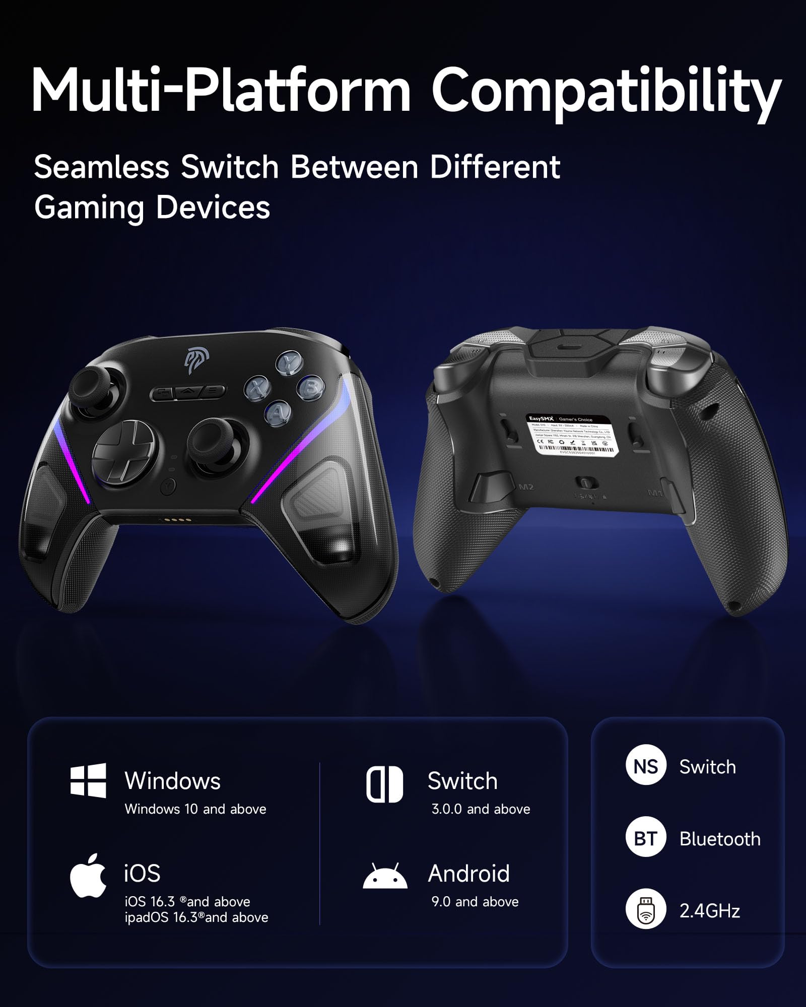 EasySMX D10 Controller PC Wireless – Joystick TMR, Grilletti Dual-Mode, Tasti Meccanici, Polling 1000Hz, RGB – Bluetooth Gaming Controller per PC/Switch/Switch 2/ iOS con Dock di Ricarica–Nero