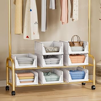 TidyIsles Wardrobe Storage Organiser, 4 Pack Folding Closet Organisers, Stackable Storage Boxes, Plastic Drawer Organiser Basket for Bedroom Kitchen Bathroom White