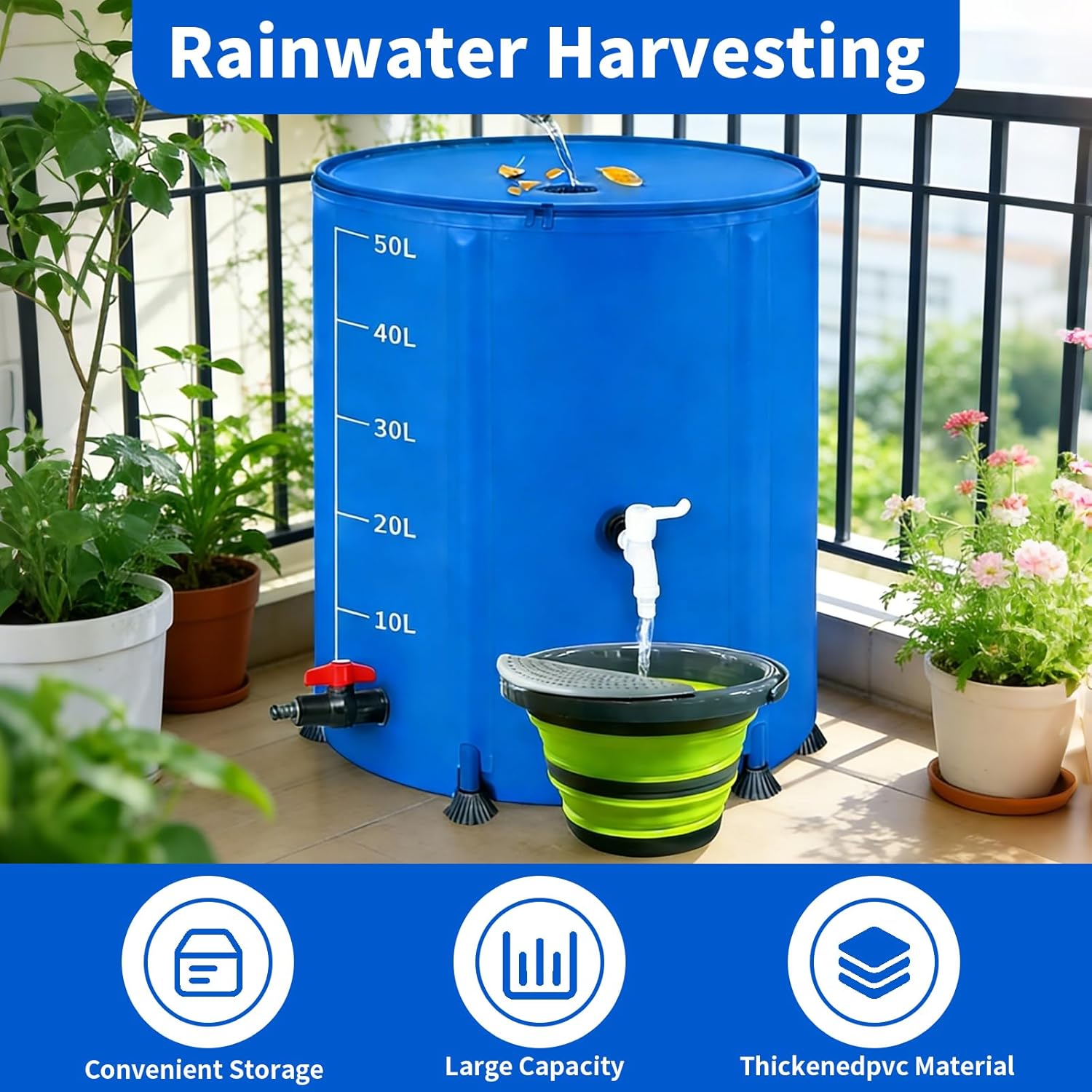 100 Gallon Collapsible Rain Barrel, 380L Water Storage Tank with Scale Mark for Garden Plant Watering, Farm Irrigation, XL Rainwater Collection System with Spigots, Overflow Kit, Hoses (51, Liters)