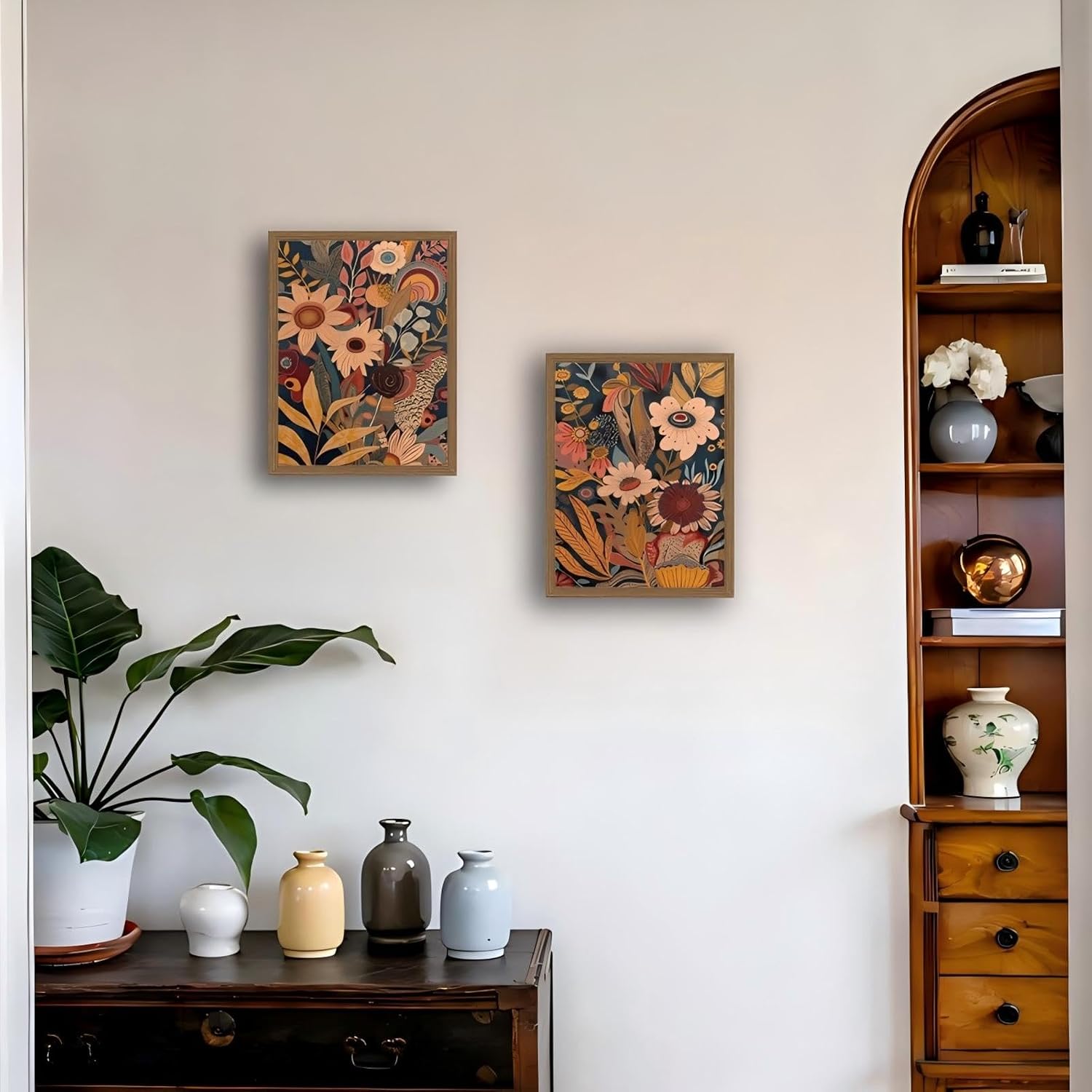 2pcs Orange Flower Framed Canvas Wall Art Set Rural Bohemian Natural Style Canvas Painting Mid Century Modern Floral Botanical Wall Deco For Living Room,Bedroom,Office 12x16in image 4