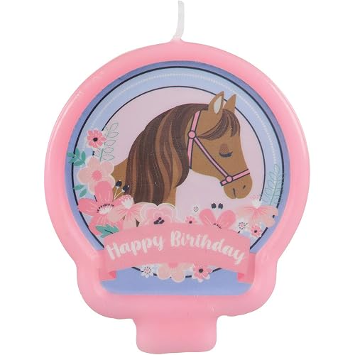 Saddle Up Birthday Candle - 2.5" | Adorable Pink, Blue & Brown Wax Pony Candle - Perfect Themed Celebration Accent, 1 Pc.