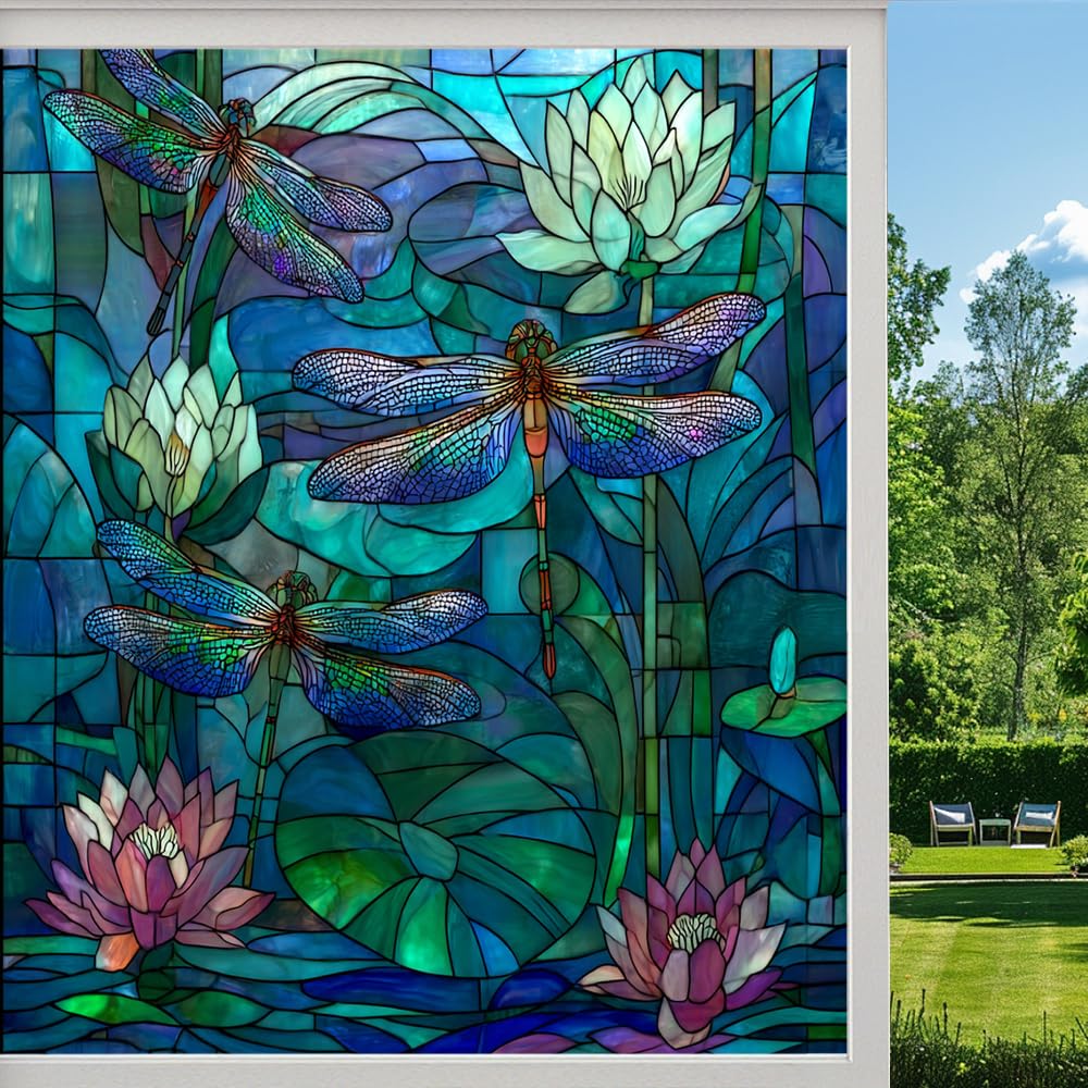 Fantasy Lotus Privacy Window Film, Abstract Dragonfly Nature Frosted Self-Adhesive Vinyl Cling for Glass Doors Bathroom Windows Sun Blocking Heat Control, （55x120cm）