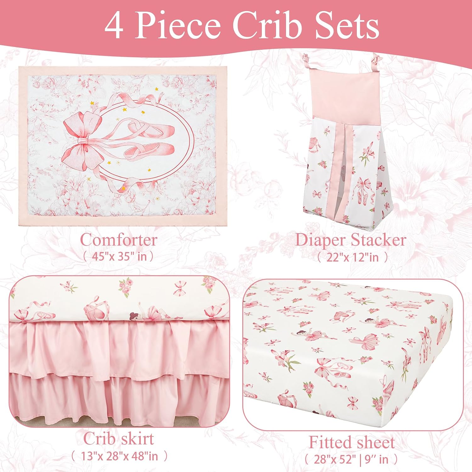 4-Piece Crib Bedding Set for Girls Boys, Baby Crib Bedding Set for Newborn & Infant, Neutral Nursery Bed Set Includes Comforter, Fitted Sheet, Crib Skirt, and Diaper Stacker, Pink Ballet