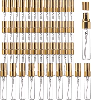 50 Pcs 5ml Mini Spray Bottle Clear Travel Perfume Bottle Refillable,Portable Fine Mist Glass Perfume Atomizer Empty Perfume Bottles with Gold Lids for Cleaning,Essential Oils