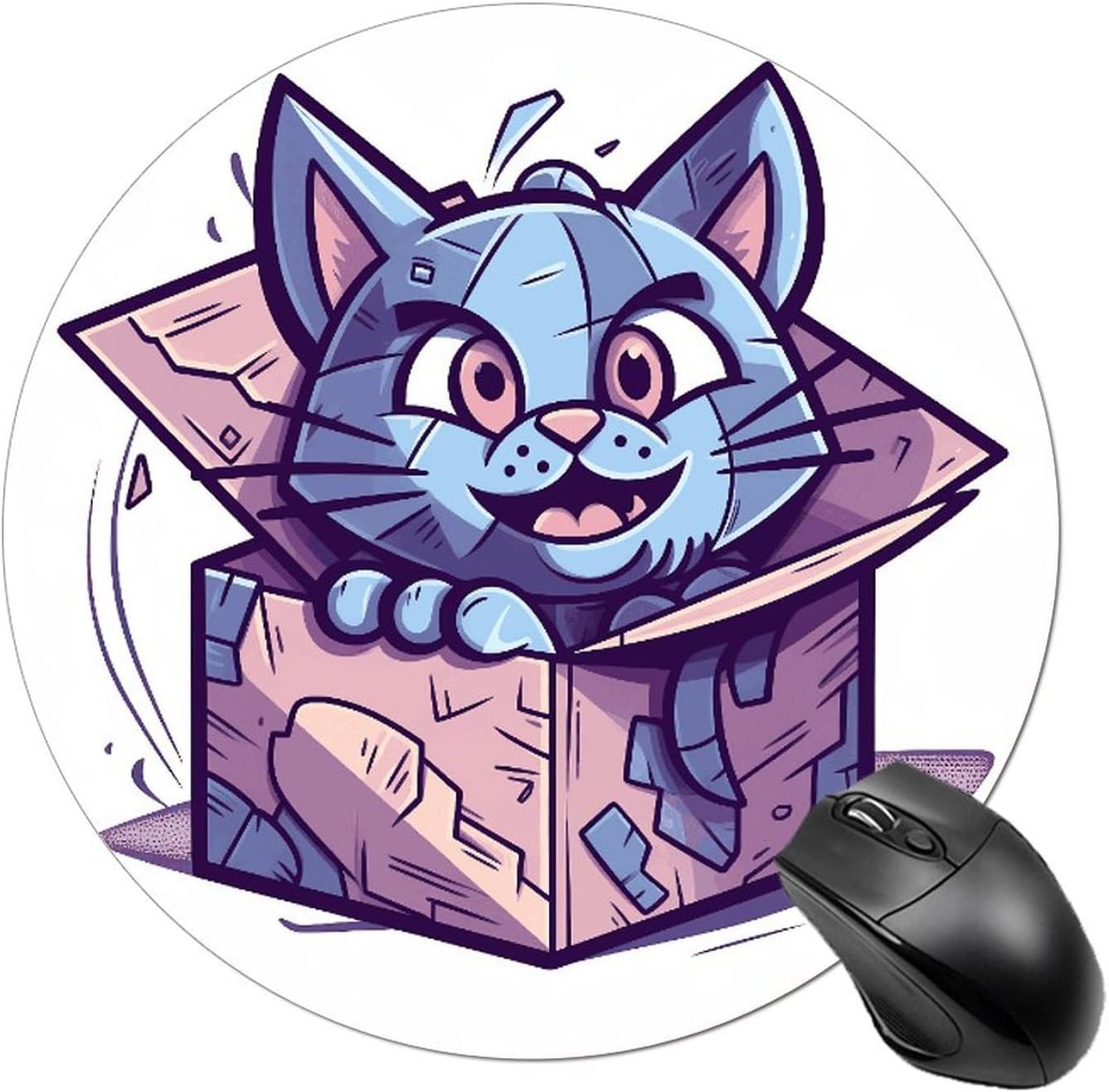 Round Mousepad Funny Small MouseMat with Non-Slip Rubber Base and Stitched Edge Cat in Box Gaming Mousepad for Home Office Dorm Desk Decor Accessories 7.8x7.8 Inches