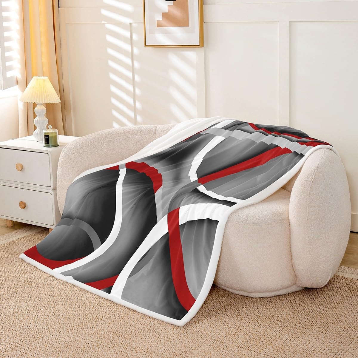 Gray Black Red Swirls Fleece Throw Blanket Soft Cozy Retro Circle Stripes Sherpa Blanket for Kids Women Adults Modern Abstract Plush Blanket Color Art Fuzzy Blanket for Sofa Bed Couch,50x60 Inches