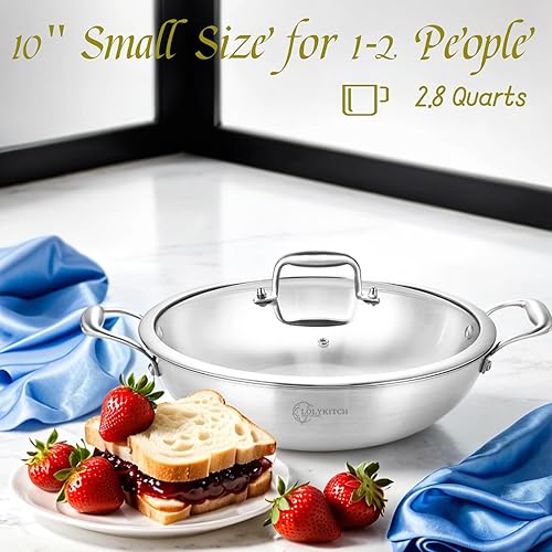 Miniatura 4 de Sartén wok de acero inoxidable de tres capas de 10 pulgadas con tapa, sartén profunda de 2.8 cuartos de galón, olla jumbo, sartén de inducción, apta