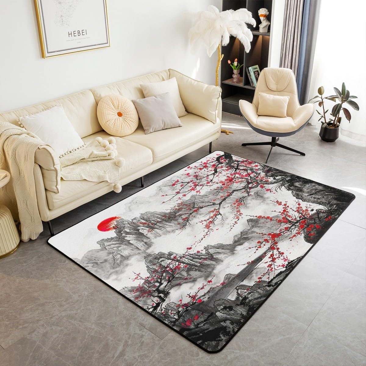 Feelyou Japanese Wave Area Rug 5x7 Kids Cherry Blossoms Decorative Rug for Boys Girls Teens Fuji Mountain Decor Home Decor Living Room Rugs Red Sun Japanese Style Indoor Floor Mat