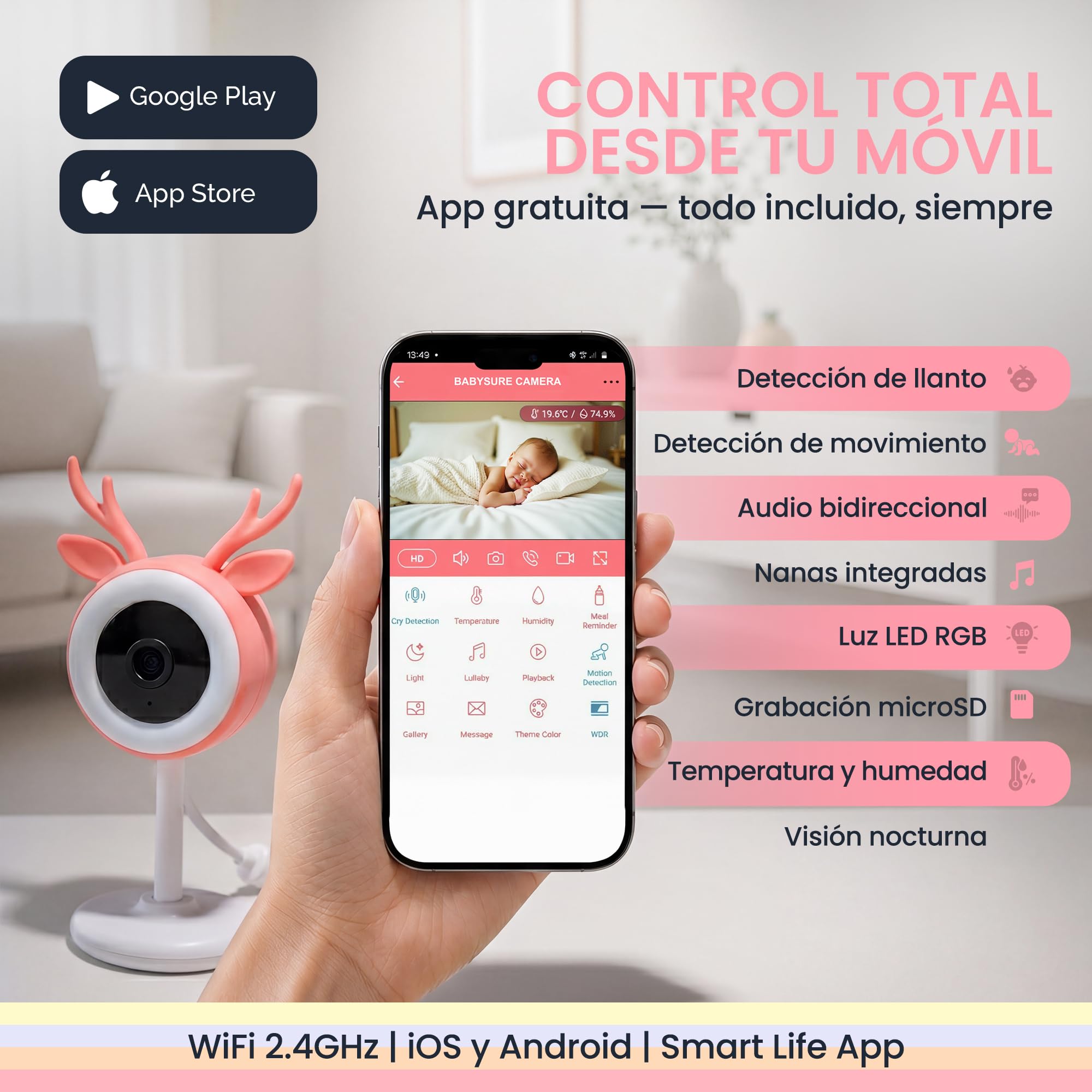 BABYSURE&CONFORT Camara Vigilancia Bebe - 4MP, Soporte Flexible y Rigido, Luz LED, Vigilabebes con Audio Bidireccional, Vision Nocturna, Alarma Llanto y Movimiento, Wi-Fi 2.4GHz Smart App móvil (Rosa)
