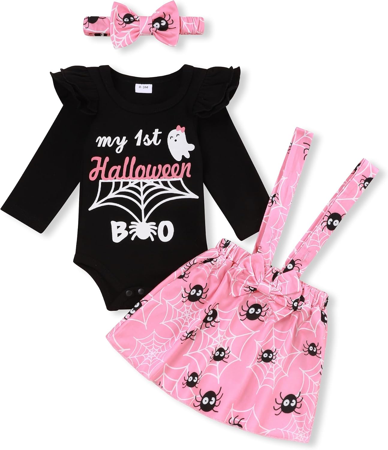 Halloween Dress Outfit Newborn Baby Girl Clothes Ruffle Romper Top Suspender Pumpkin Bat Ghost Skirt Set Headban