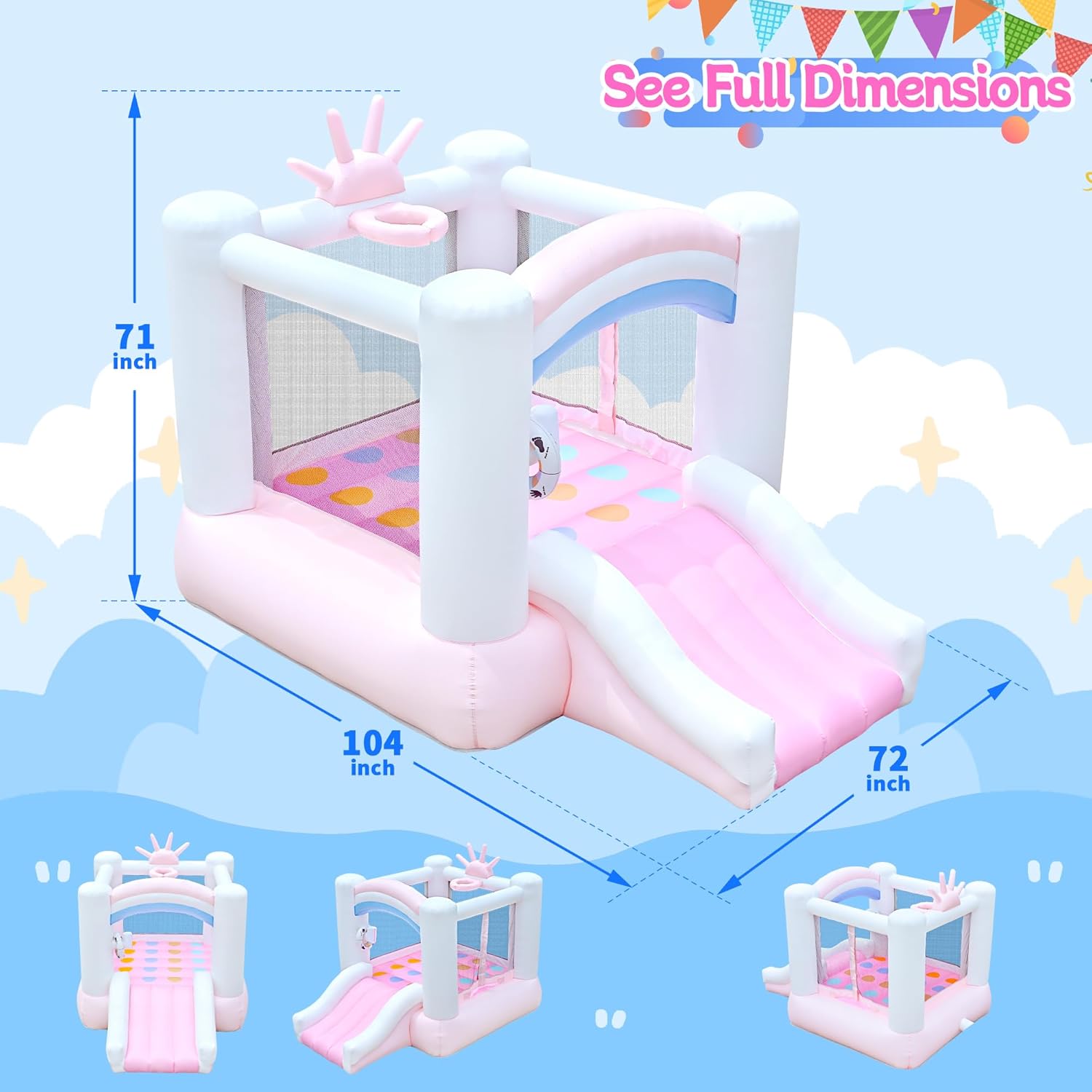 Bestsun Inflatable Bounce House for Kids, 104" X 72" X 71" Bouncy Castle for Ages 3-8, Bouncer with Slide, Jumping Area, Basketball Hoop, Twister Game, Blower Included