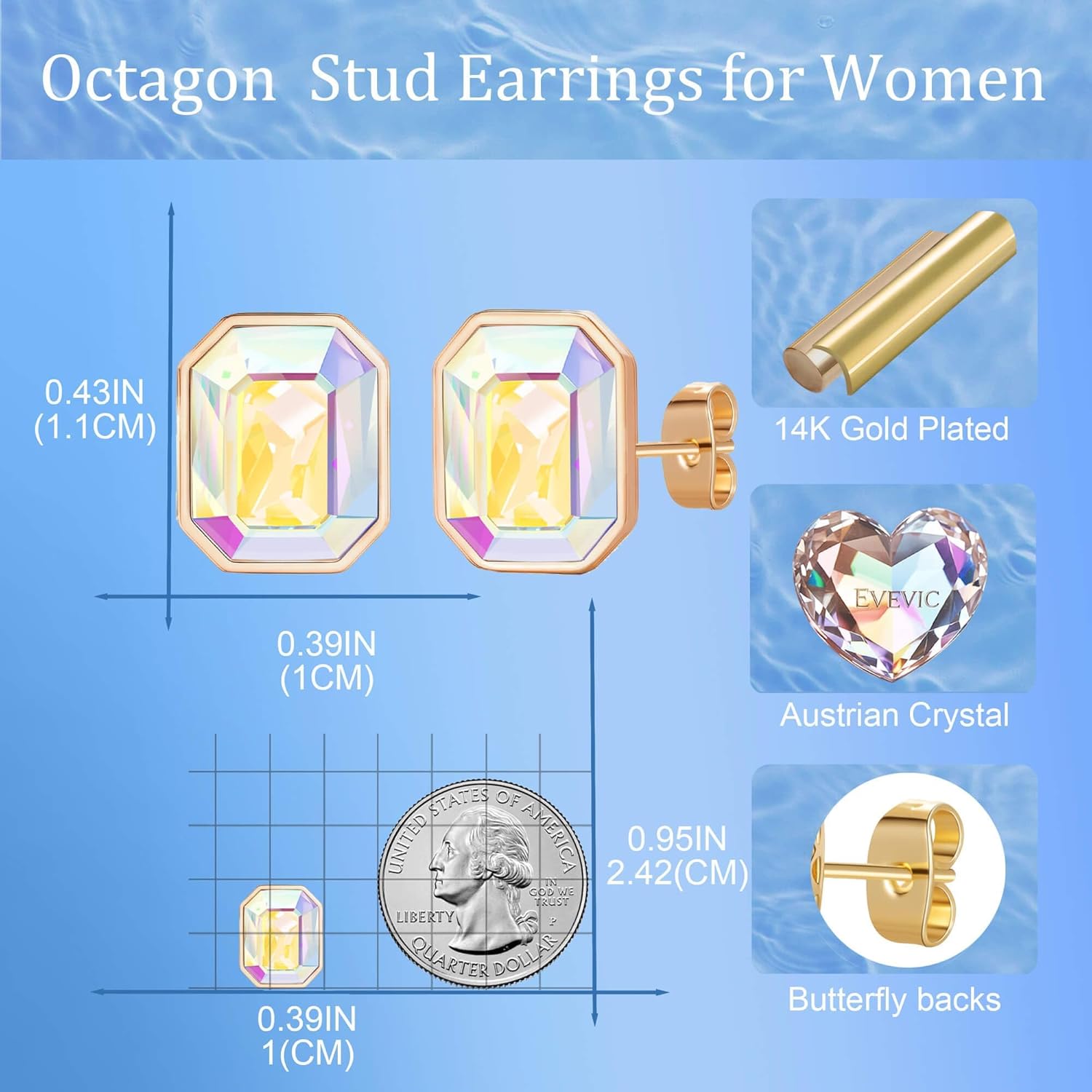 Austrian Crystal Octagon Stud Earrings for Women Fashion 925 Sterling Silver Hypoallergenic Jewelry - Image 6