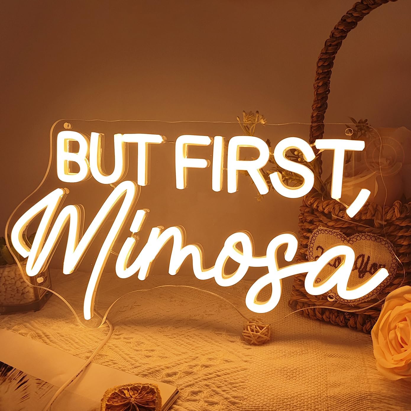 SYLHOME But First Mimosa Led Neon Light Sign Bar Shop Bedroom Wall Sign Decor Wedding Birthday Graduation Baby Bridal Shower Party Banner Backdrop USB 15.75"X8.5"