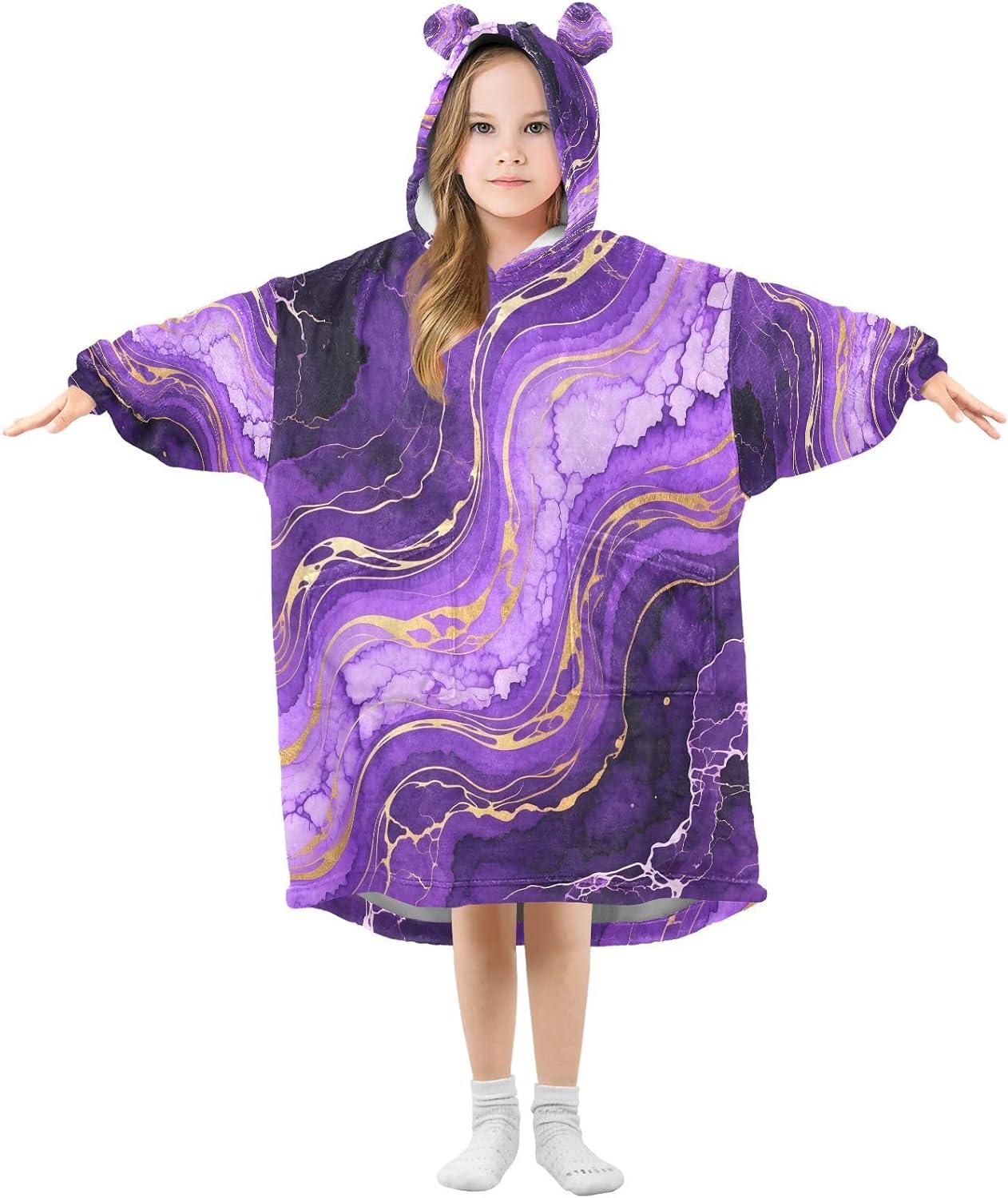 Kigai Purple Marble Wearable Blanket Hoodie for Kids Oversized Hooded Blanket Warm & Cozy Sweatshirt with Pockets