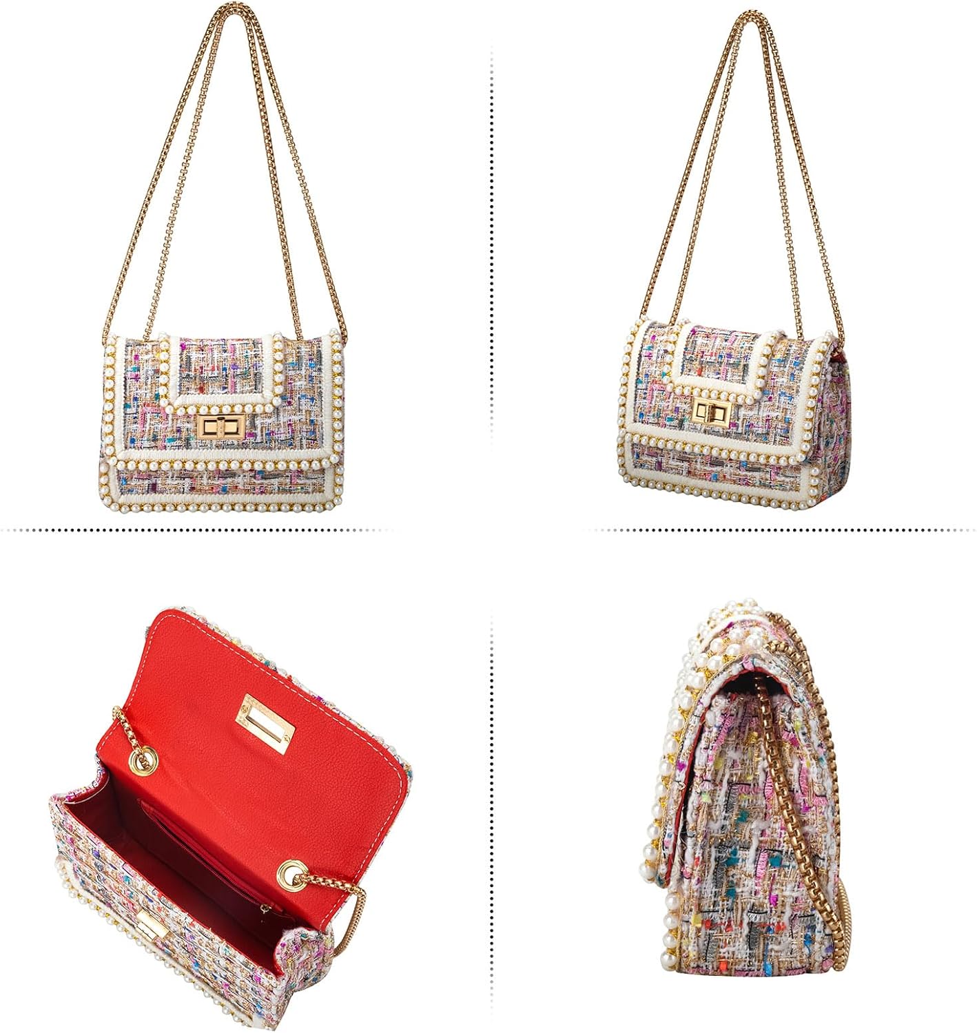 Crossbody Bag Clutch for Women Small Handbag Vintage Tweed Pearl Chain Purse Evening Satchel Shoulder Bag Cross body