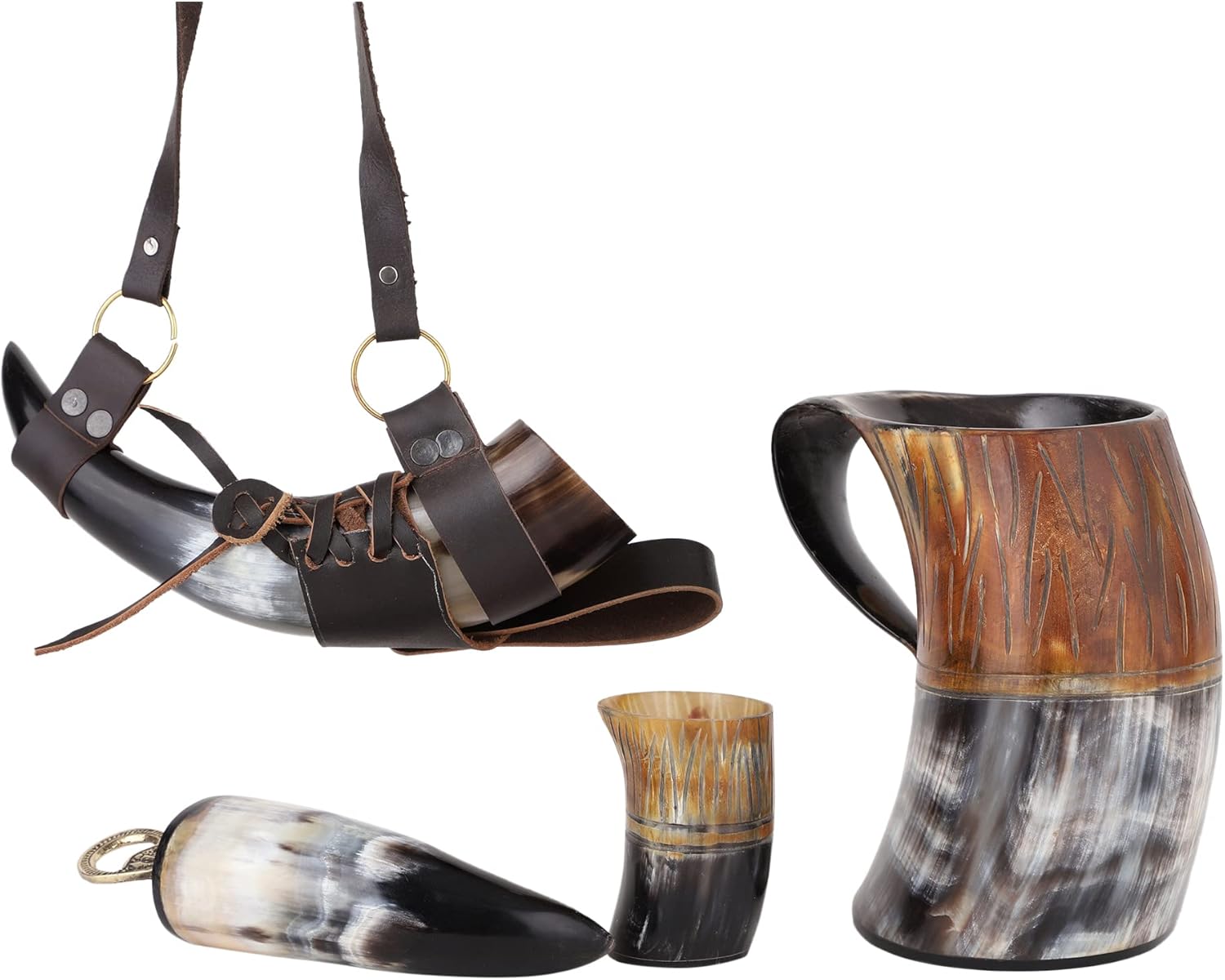 Viking Drinking Horn Mug Set | Handmade Medieval Beer Mug & Cups | Carved Natural Horn Tankard with Leather Holster | Leak-Proof Ale Coffee Tea Cup Rustic Barware