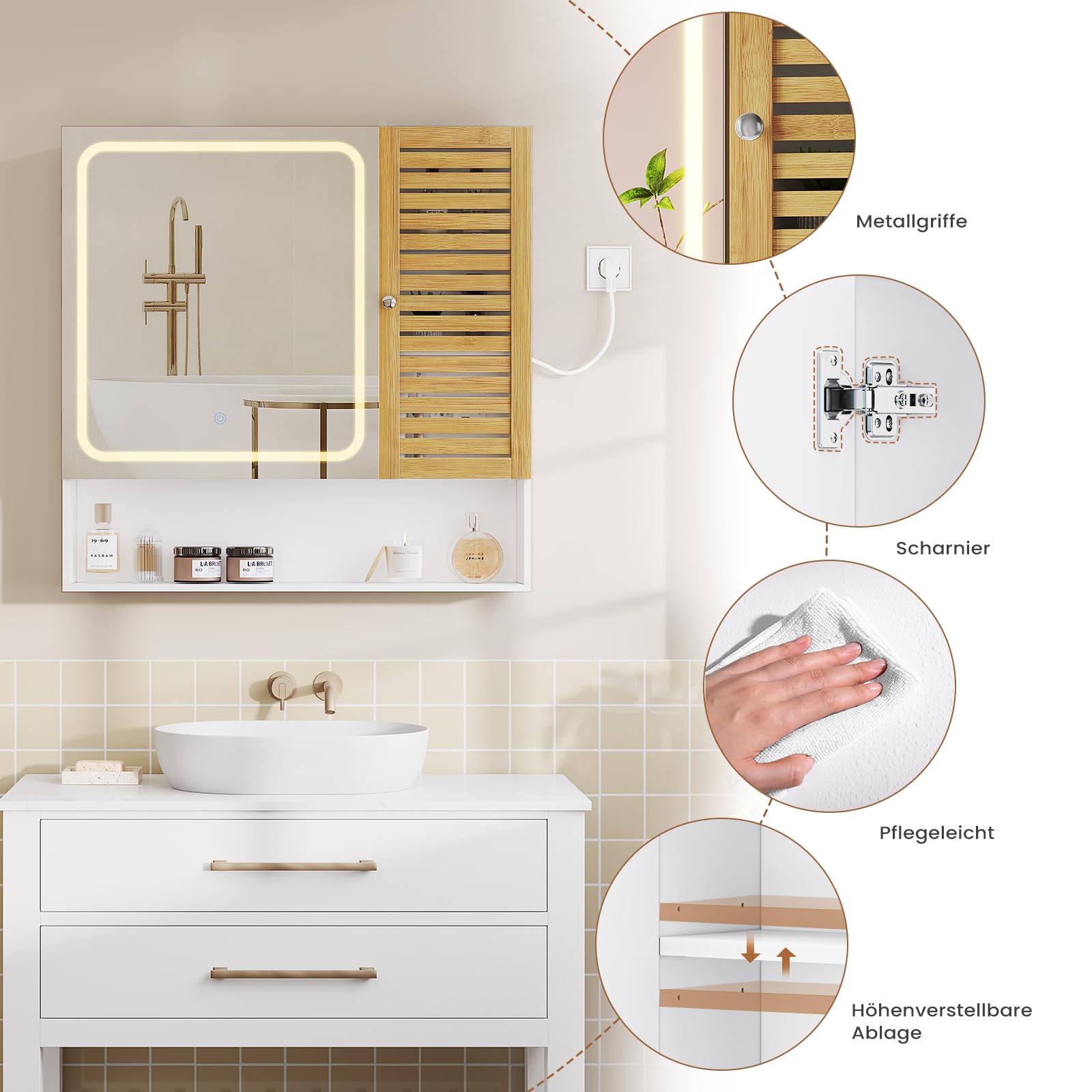 Spiegelschrank Bad mit LED-Beleuchtung & Steckdose 80cm Breit, Badezimmerschrank mit HD-Spiegel, Verstellbarer Ablage, Berührung Sensorschalter, Badschrank, für Badezimmer, 80×16×77cm, Weiß