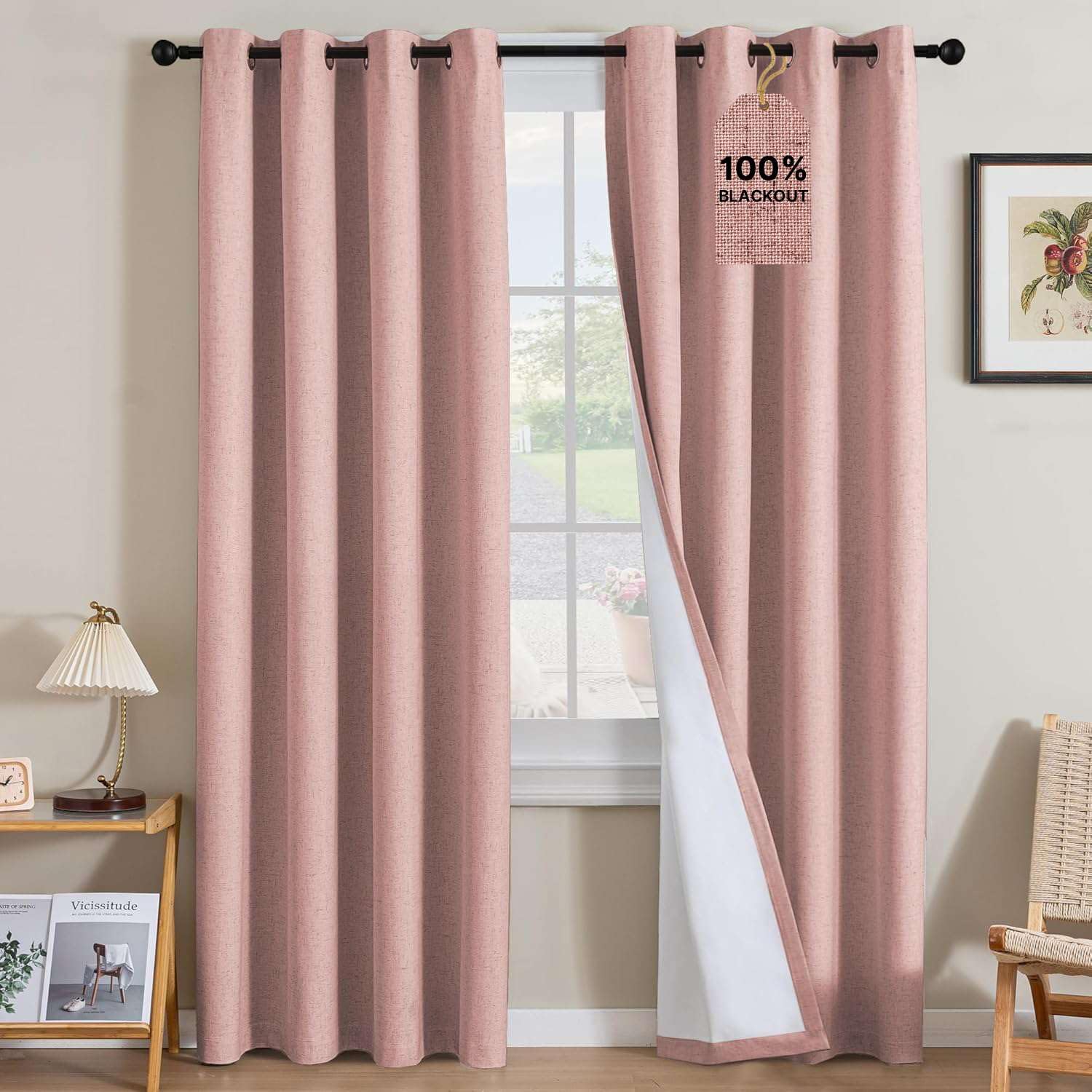 H.VERSAILTEX Linen Curtains 100% Blackout Curtains for Bedroom 120 inch Long Full Light Blocking Nature Linen Blended Window Curtains for Living Room Nickel Grommet (2 Panels, Heathered Baby Pink)