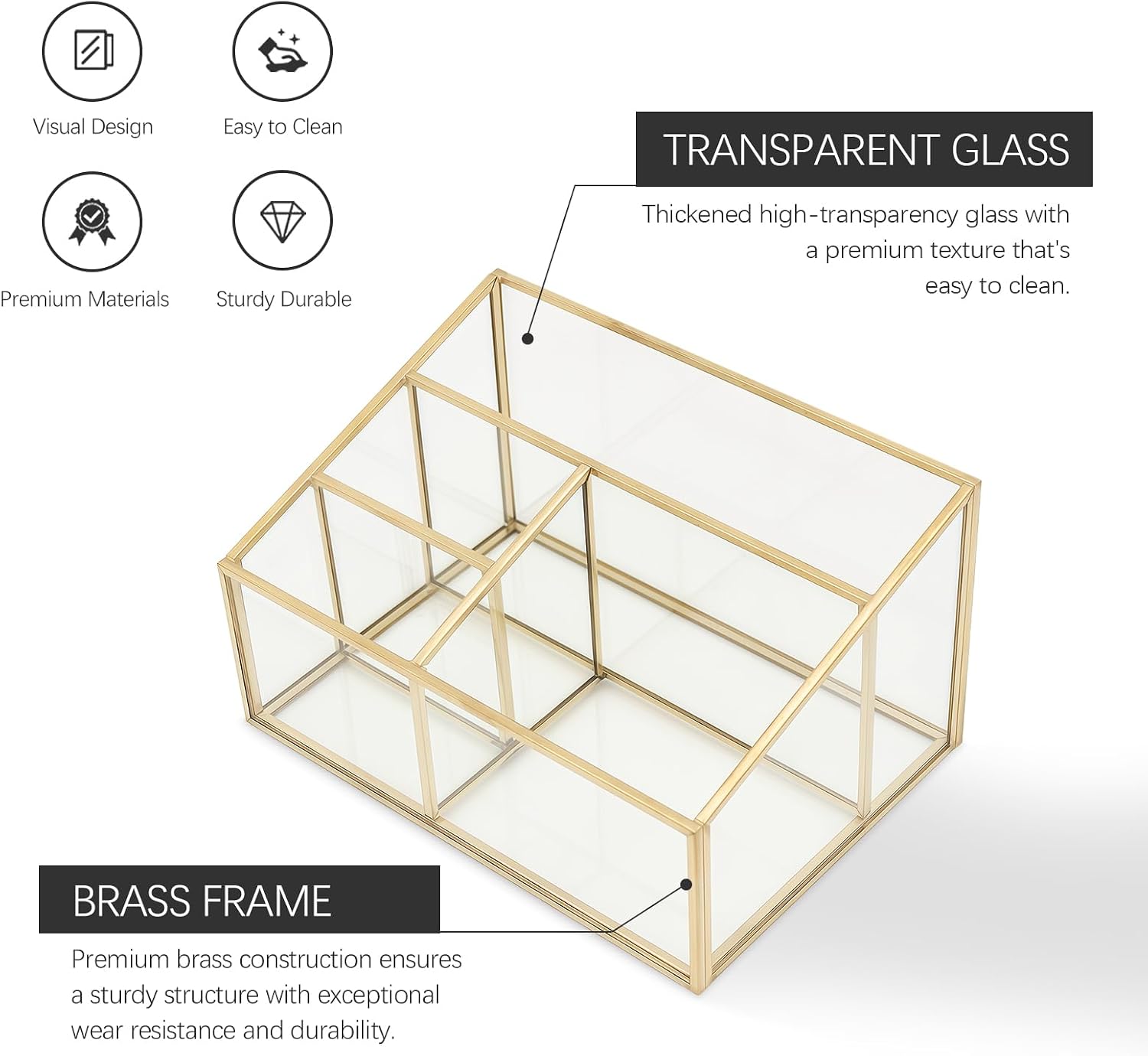 Luxurious Gold Cosmetic Organiser, 4-Compartment Makeup Storage, Glass & Brass, Unisex image 4