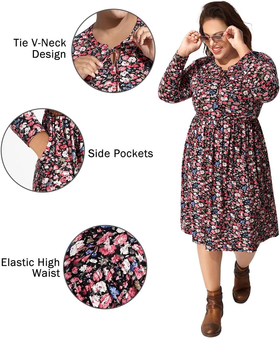 CARCOS Plus Size Dress for Women Tie V Neck Midi Dresses Long Sleeve Boho Dress Elastic High Waist Tunic Dress with Pockets - Image 3