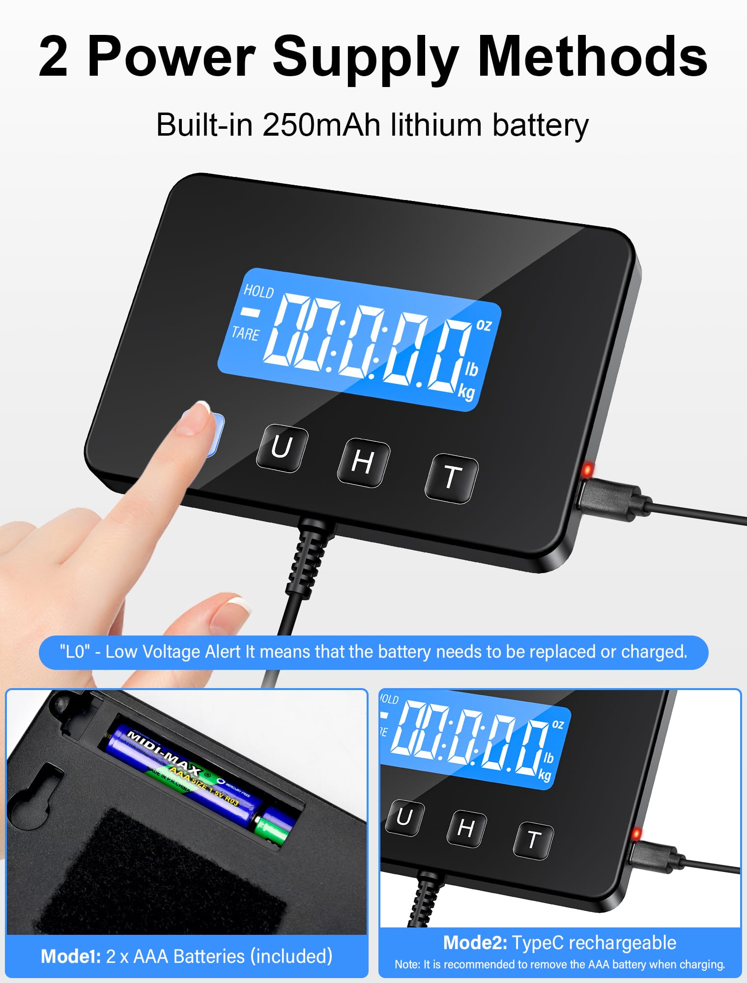 Báscula Digital, Balanza Postal 200kg/10g, Bascula Industrial con Función de Retención/Tara, Pantalla LCD, Incluye Baterías y Cable de Carga, para negocios, equipaje, oficina