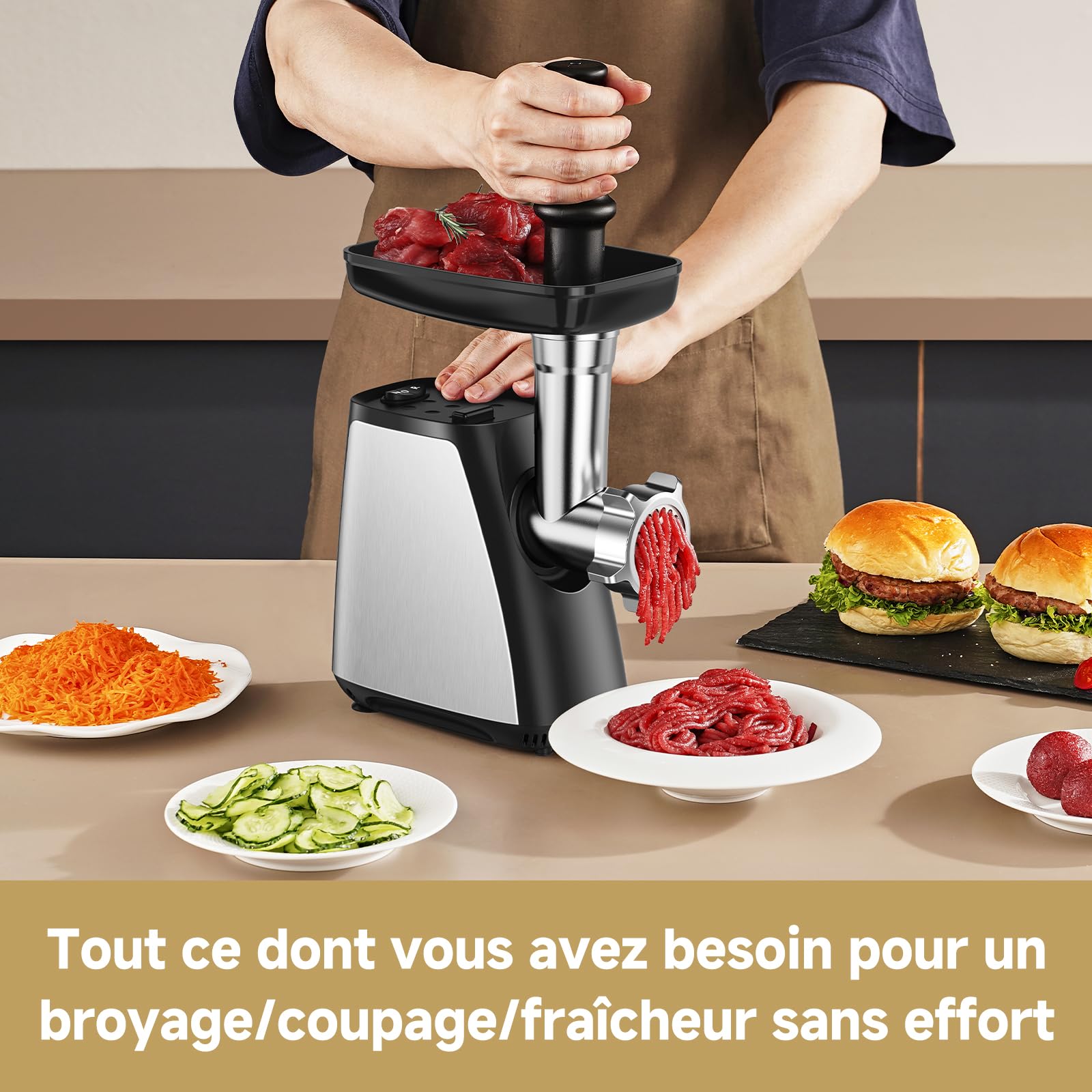 AAOBOSI Hachoir À Viande,Hachoir À Viande Électrique 4-En-1[2800 W Max]Avec 3 Lames Pour Trancher, Déchiqueter,2 Lames,3 Plaques,Farceuse À Saucisses,Kit Kubbe,Pour Cuisine À Domicile,Acier Inoxydable