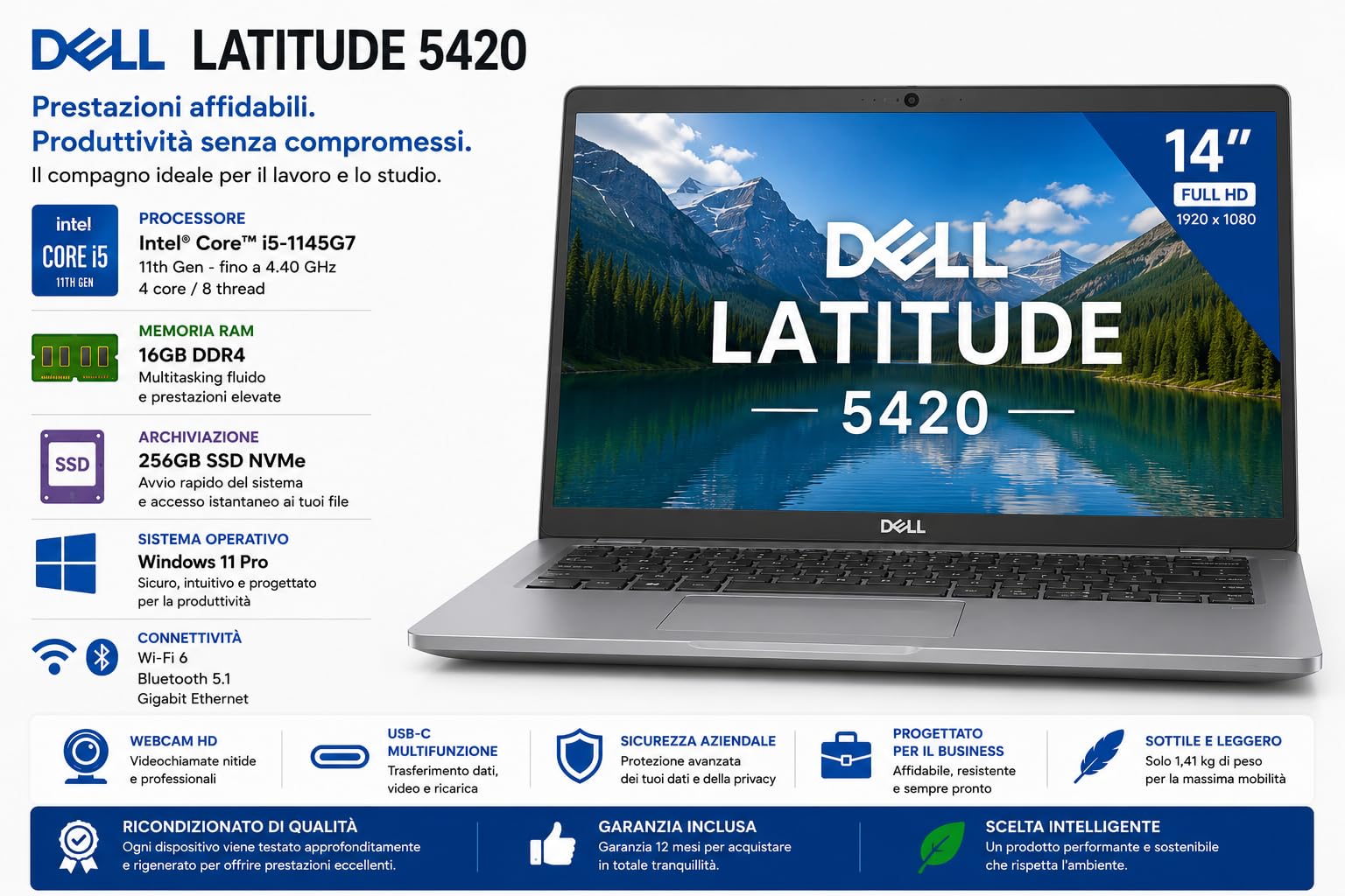 Dell Latitude 5420 14” Full HD Notebook – Intel Core i5-1145G7, 16GB RAM, SSD 256GB, Windows 11 Pro, Webcam, Wi-Fi, USB-C (Ricondizionato)