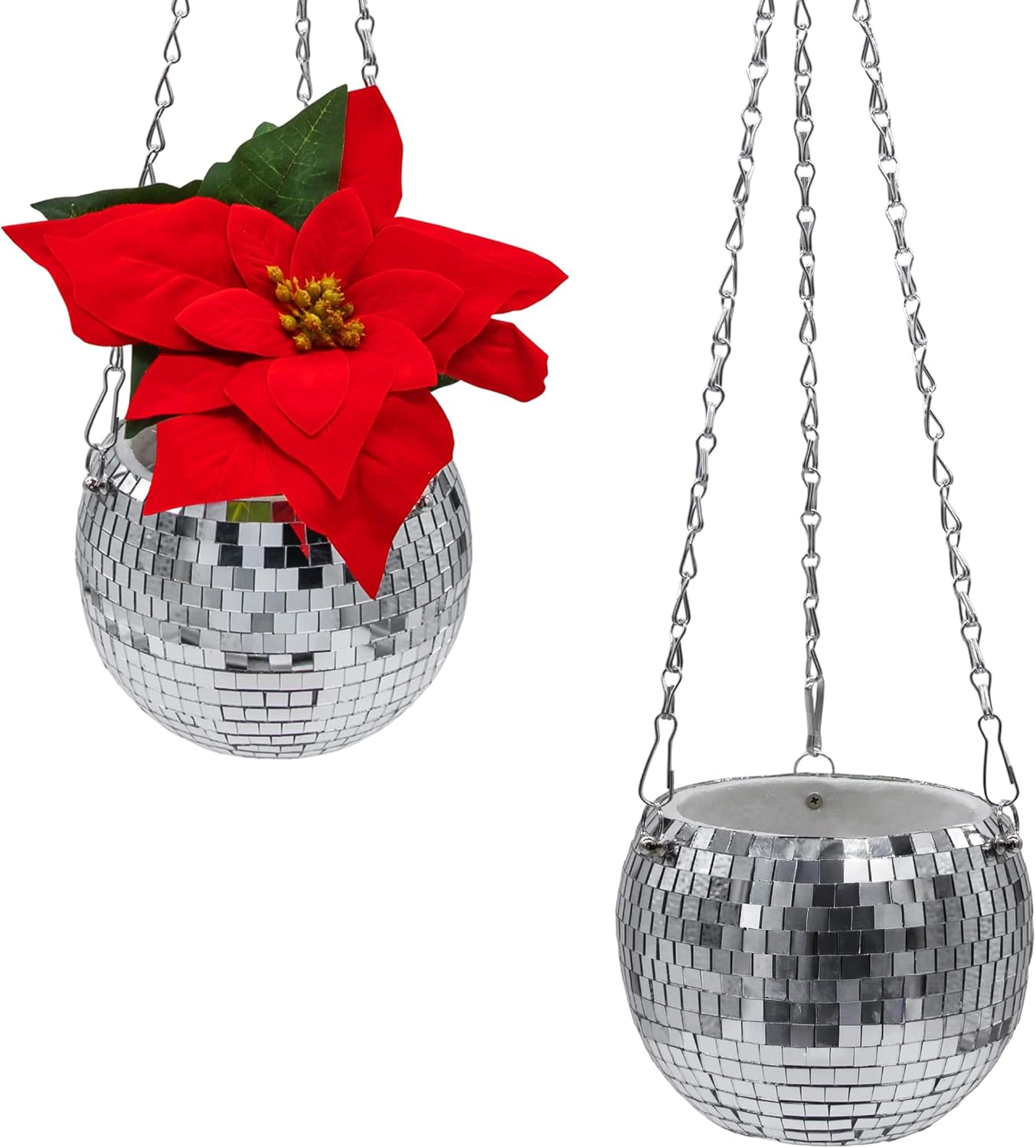 Hanging Basket in Disco Ball Design 15 cm with Metal Chain - Set of 2 - Plant Pot in Mirror Ball Look for Hanging - Garden Decoration Hanging Flower Pot Plant Bowl Flower Bowl Hanging Pot Indoor Outdoor
