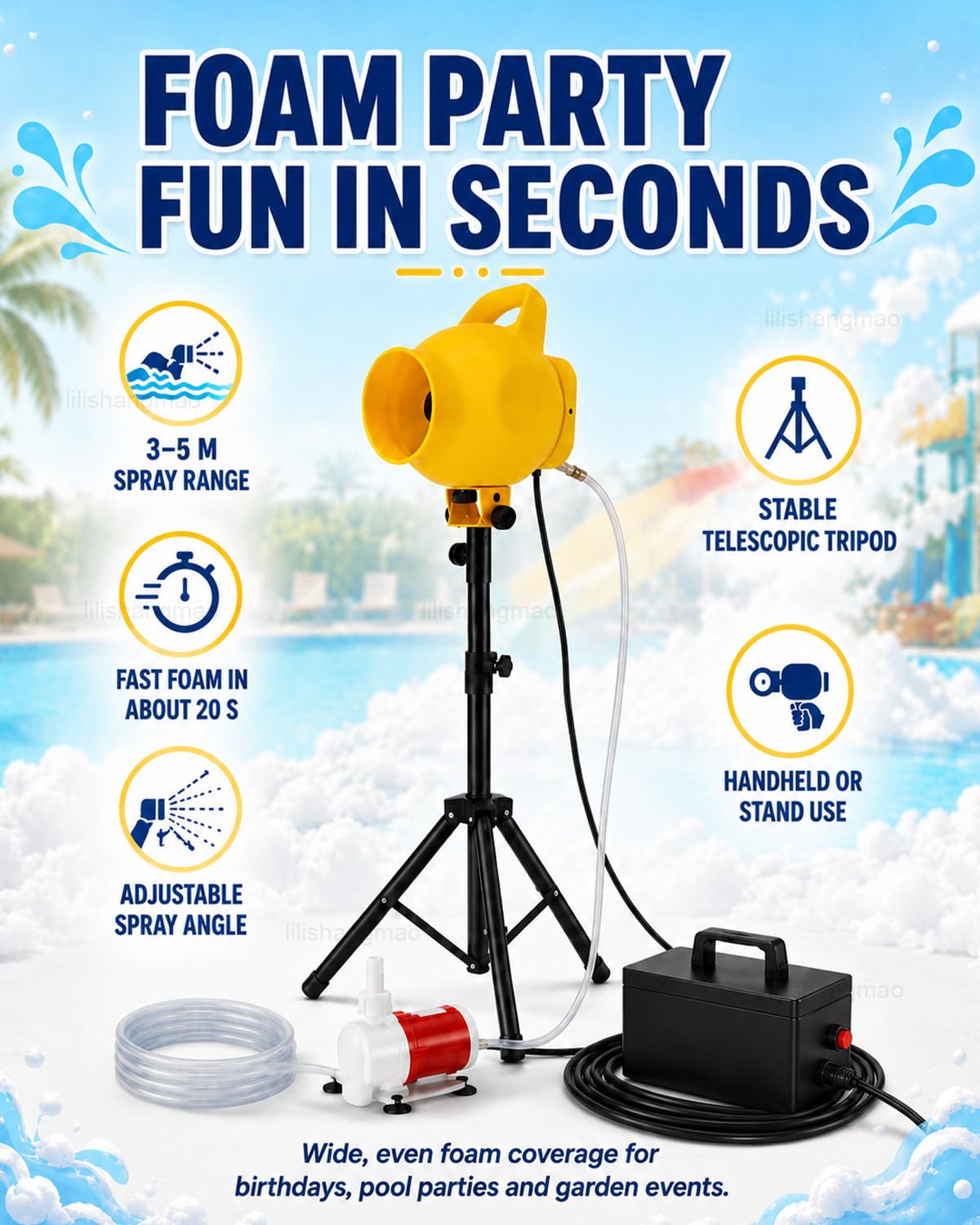 Imprezowa Maszyna Do Piany 150 W, Generator O Zasięgu 3–5 m, Statyw 100–130 cm, Pompa 1000 L/H I Skrzynka Sterująca Na Obozy, Baseny I Urodziny, Na Letnie Atrakcje Blue