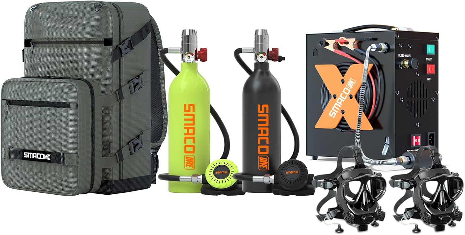 SMACO Mini Scuba Tank 1L Double for Shallow Water Diving Tank Double Diving Kit Support Underwater Breath Small Scuba Diving Tank Kit with Sub-Backpack for Underwater Entertainment/Diving Work