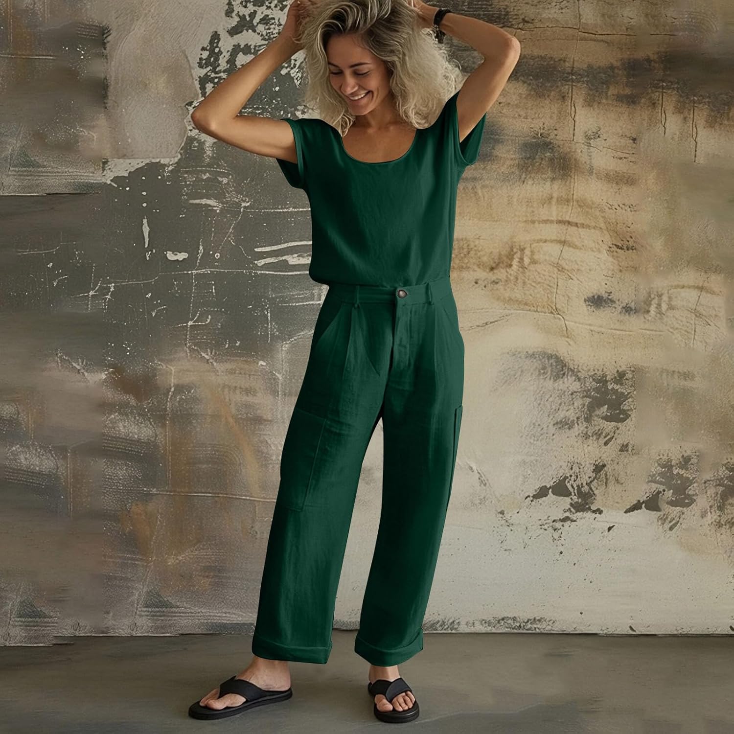Linen Outfits for Women Summer 2 Piece Sets Crewneck Short Sleeve Tops and Wide Leg Cargo Pants for Beach Vacation