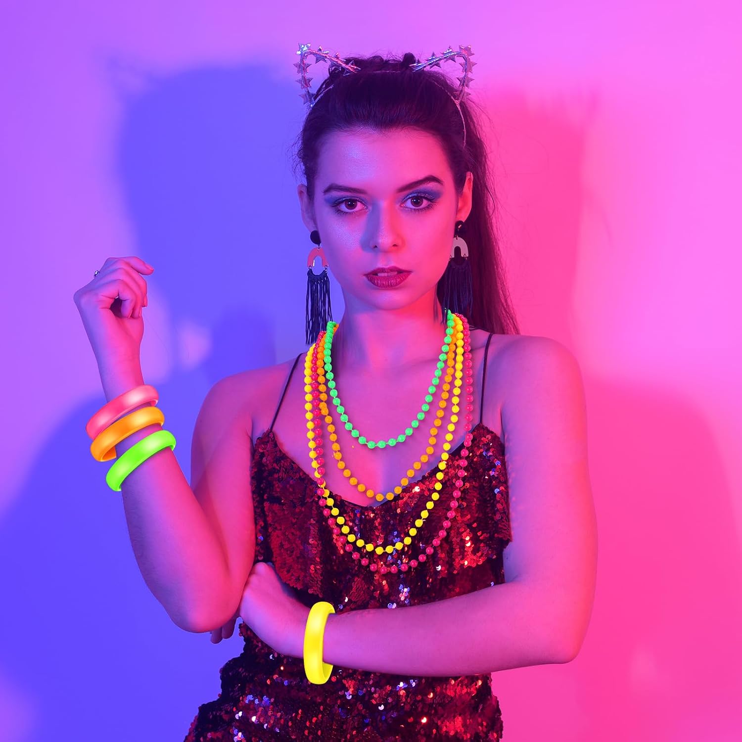 Batiyeer 48 Pcs 80s Neon Costume Accessories for Women, 24 Neon Plastic Bracelet and 24 Beads Necklace 80s Costume Accessories for Women Birthday Party Decor Supplies