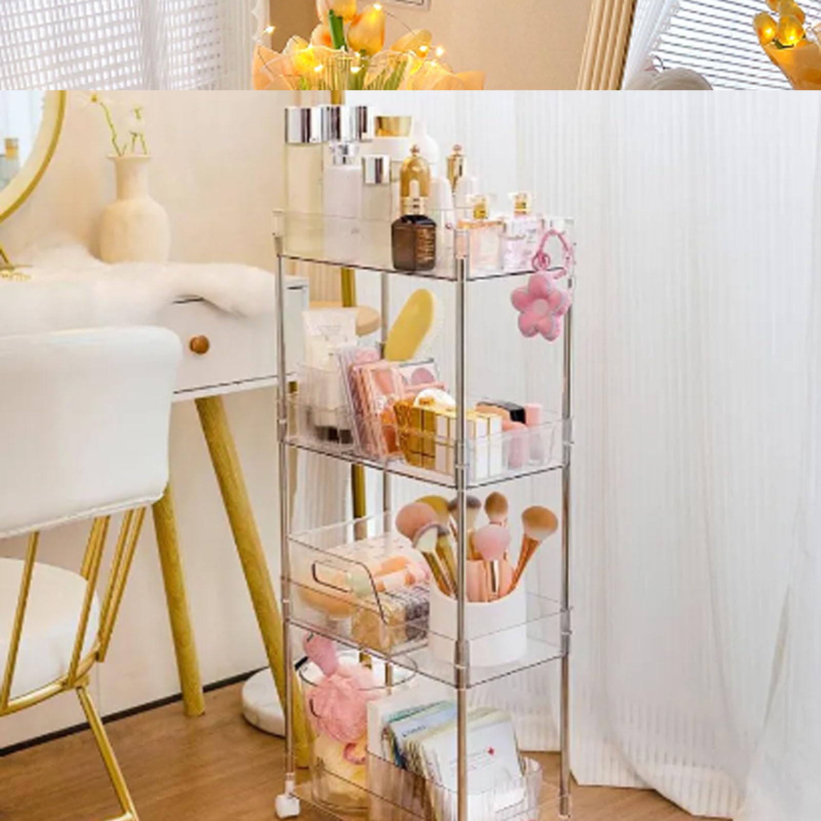 Chariot De Rangement à Roulettes Avec 4 Tiroirs Transparents, Idéal Pour L'organisation De La Maison Et Du Bureau (beige, 3 Couches