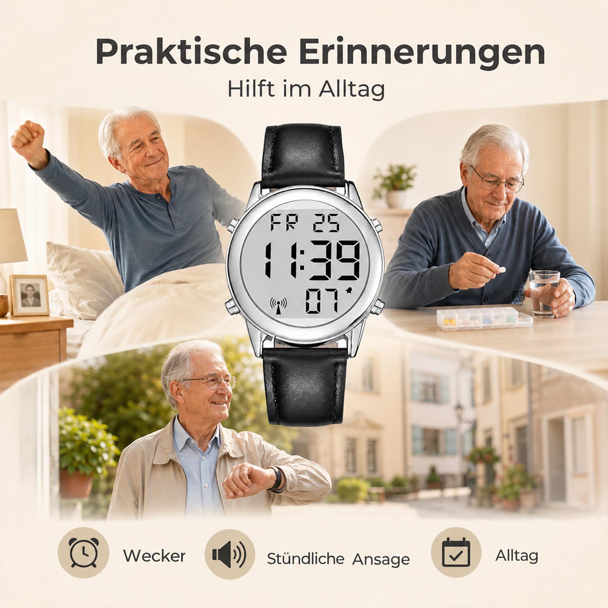 Deutsch Sprechende Herren Armbanduhr I Funkarmbanduhr I LCD Große Zahl Leicht zu Lesen I Datum- und Zeitansage I Für Blinde, Senioren und Demenzkranke