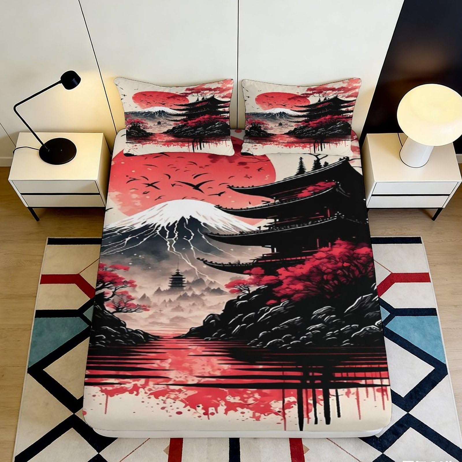 3D Printed Japanese Pagoda Fitted Sheet Microfiber Red Sunset Mt Fuji Bed Cover for Bedroom Dorm Mattress Protection 90x200x25cm