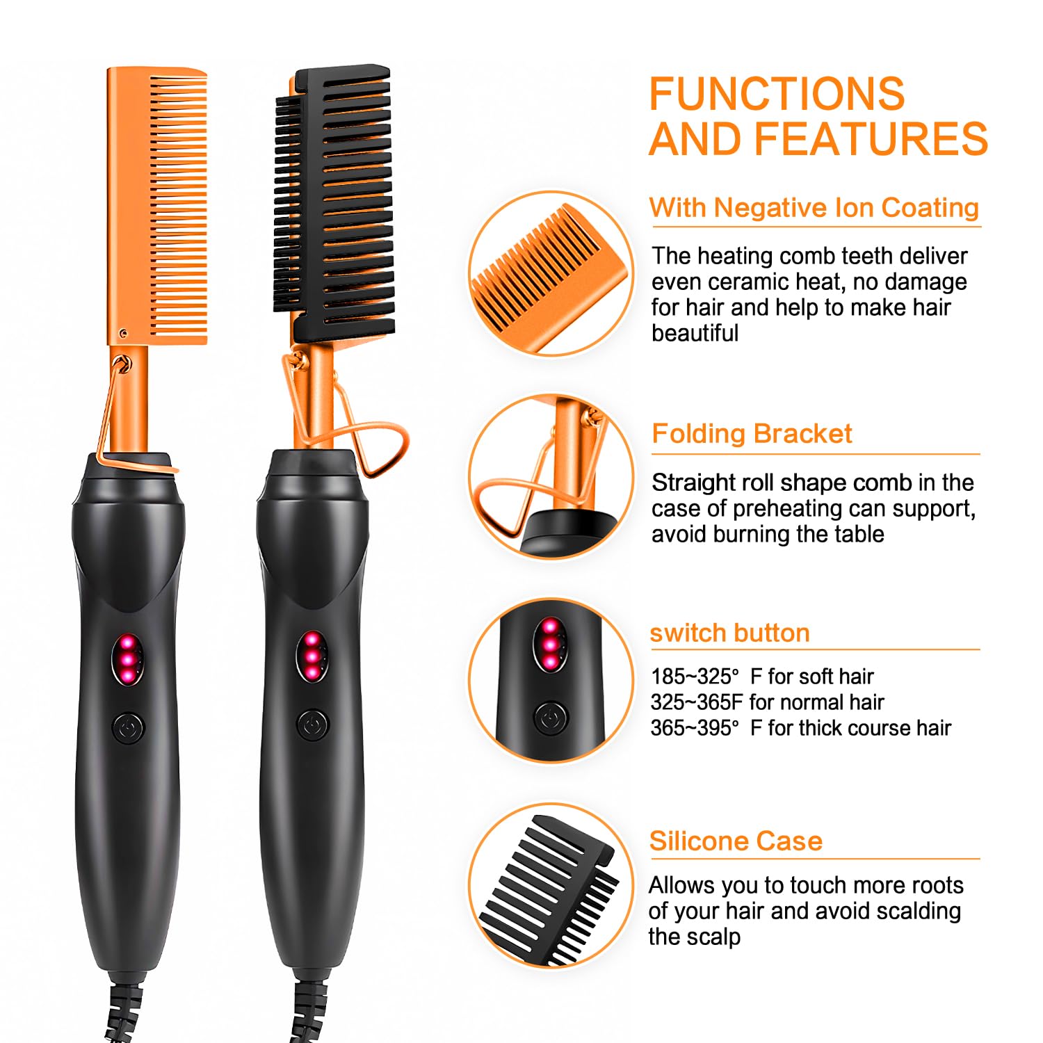 Electric Hair Straightener Comb Curling Iron for Natural Black Hair Wigs Pressing Combs with Wig Glue, Rat Tail Comb ＆Salon Clips