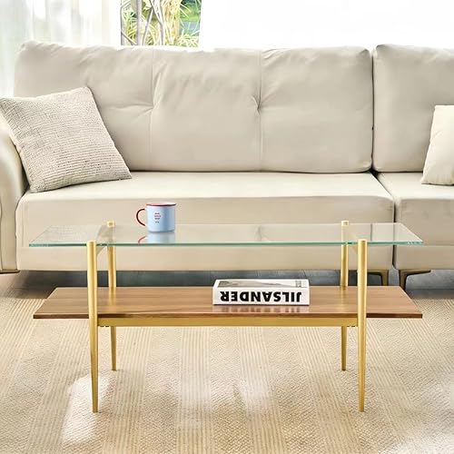 Miniatura 28 de Shrine - Mesa de café rectangular, diseño moderno de mediados de siglo, estructura de 2 niveles, parte superior de vidrio transparente y estante de