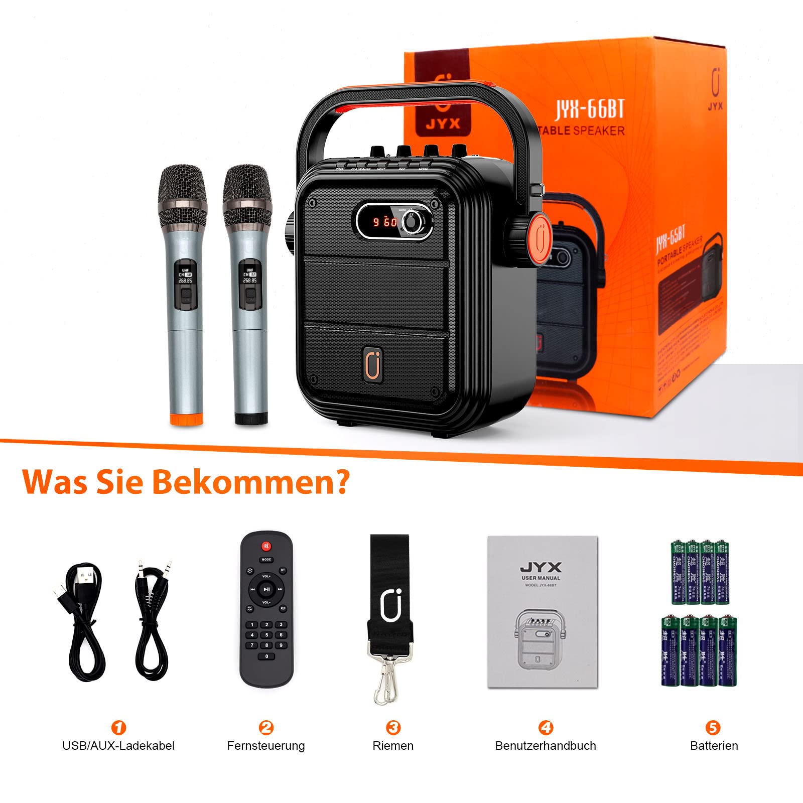 JYX Sistema PA Audio Cassa con 2 Microfoni, Bluetooth Altoparlante Amplificato portatile Impianto Karaoke con Microfono, Cassa Karaoke Professionale Supporto TWS, FM,AUX, REC, TF, USB