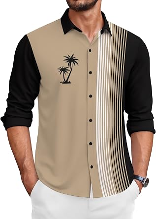 Mens Vintage Bowling Shirt Casual Long Sleeve Button Down Retro Printed Regular Fit Shirt
