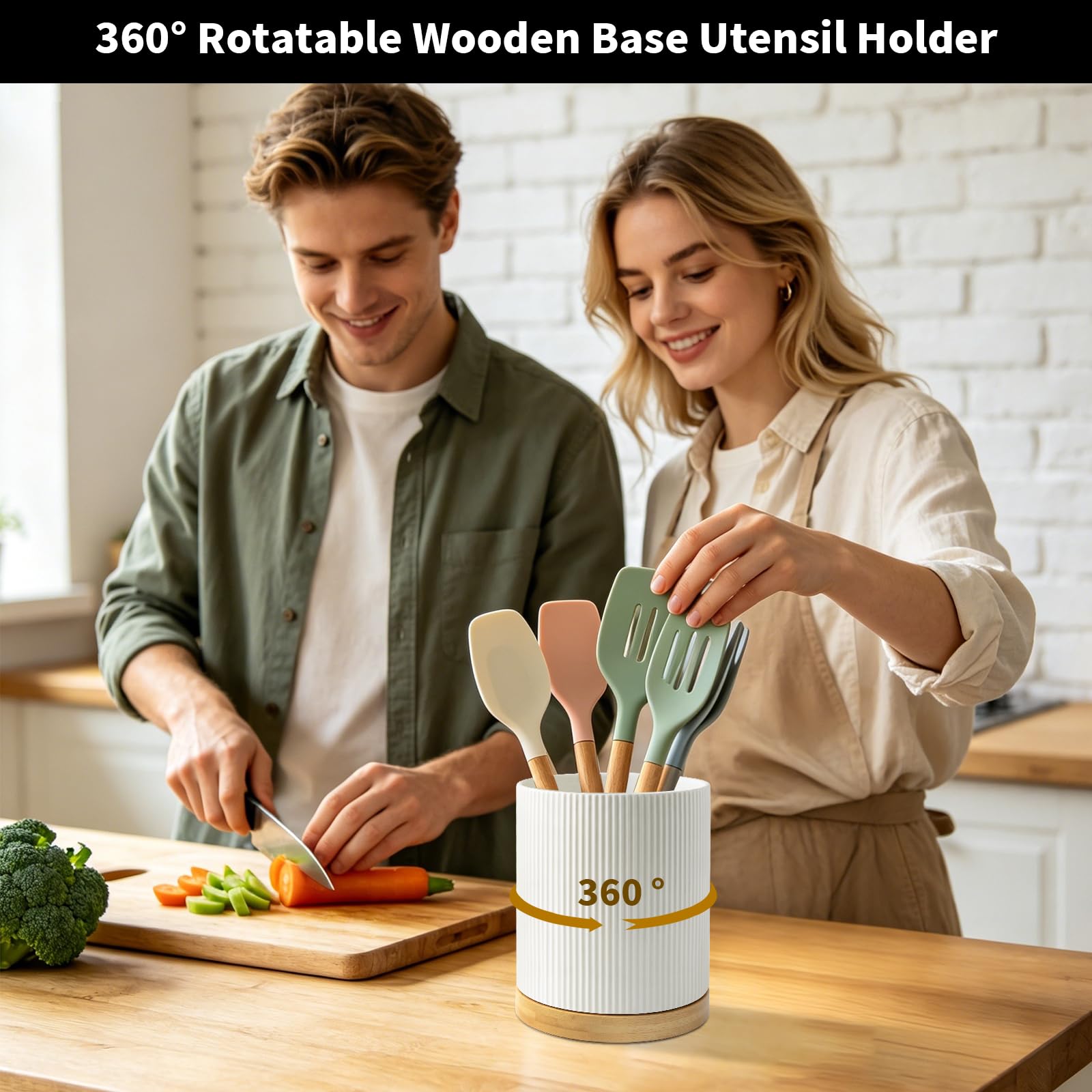 Küchenutensilienhalter aus Holz 360° Drehbarer: Keramik Utensilienhalter Küche-Leicht zu Reinigen Kochlöffelhalter für Hobbyköche- Große Küchenutensilien Aufbewahrung für Spatel Löffel Pflanzen