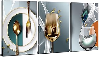 Kitchen Wall Art Set of 3 Teal Gold Dining Room Decor Wine Glass Modern Abstract Canvas Prints Tableware Pictures Gray Gold Luxury Wall Decor Minimalist Contemporary Artwork Bar Home Decoration 12x16"