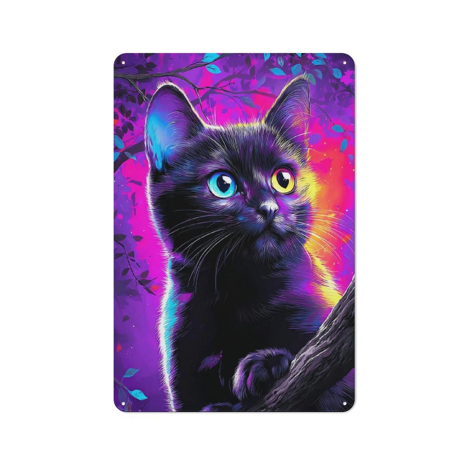 Neon Cat in Vibrant Forest Metal Wall Art Sign 30x20cm, Vintage Vintage Wall Decor for Lounge, Study, Pub Or Wall Gallery