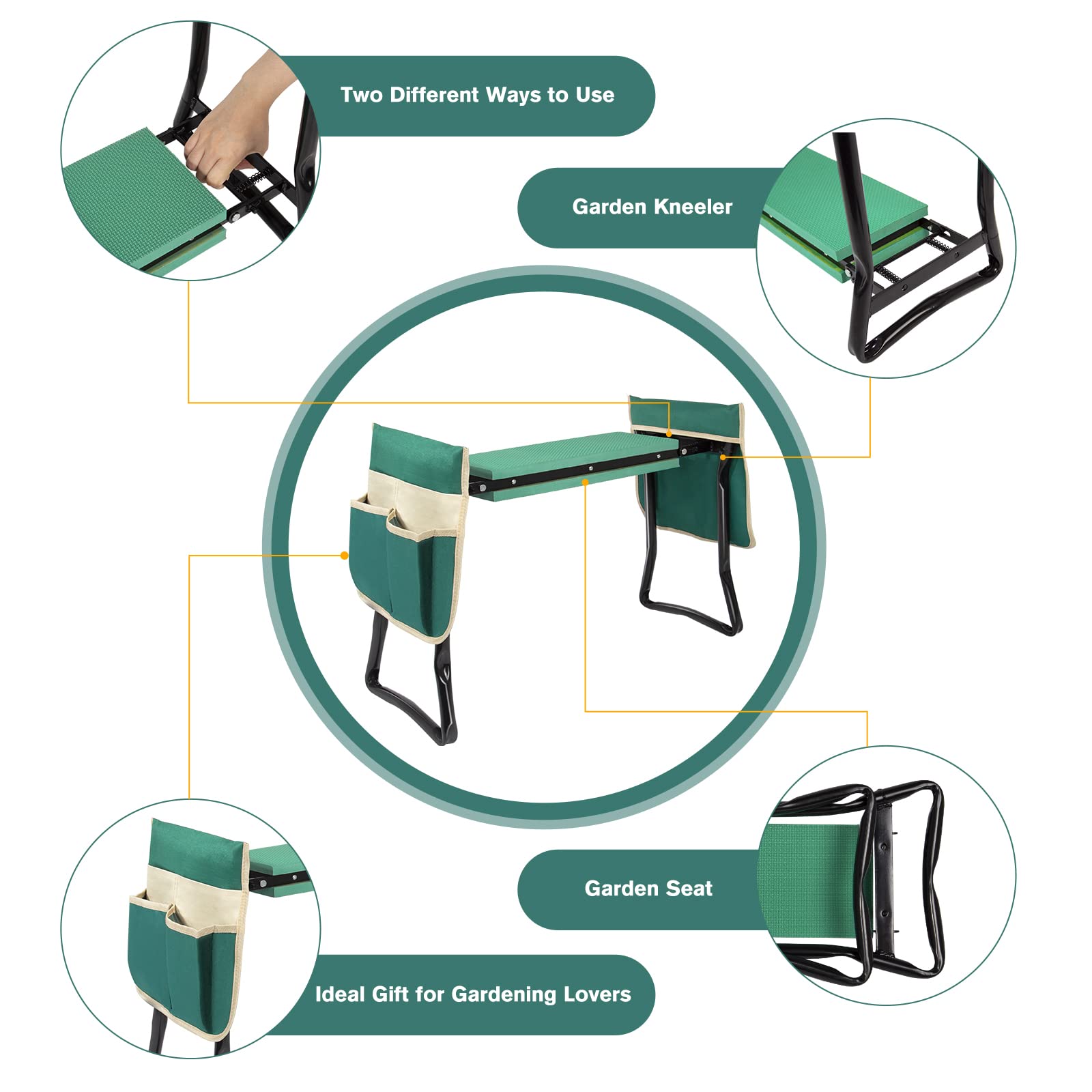 Uten Taburete de Jardín EVA Espuma Almohadilla Proteger Rodillas Plegable Asiento de Jardín con 2 Bolsas de Herramientas Jardinería Herramientas