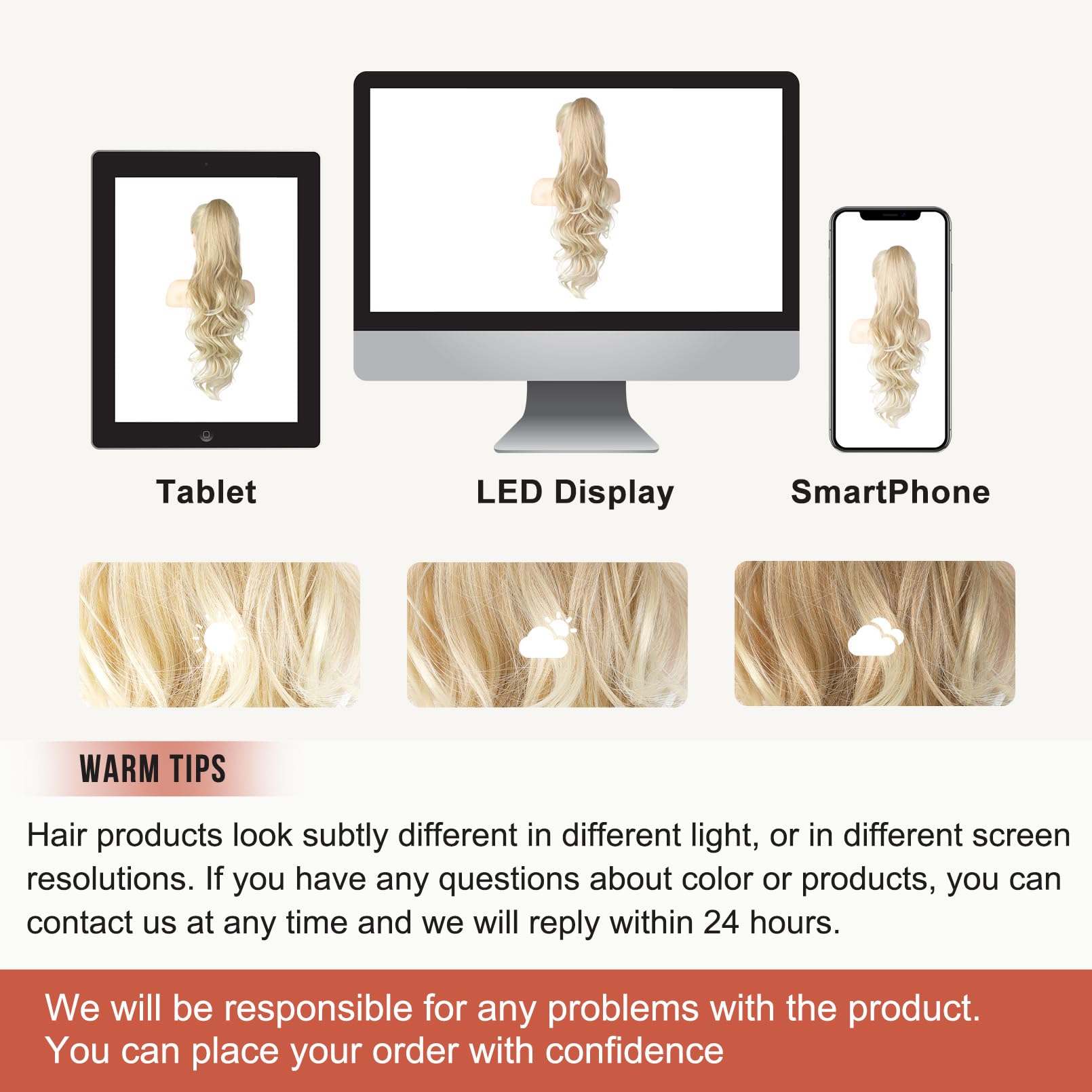 FLUFYMOOZ Ponytail Extension, 66cm Pferdeschwanzverlängerung lange, gewellte, lockige Klauen Clip in Pferdeschwanz Haarverlängerung, synthetisches Haarteil für Frauen-Blond bis Hellblond