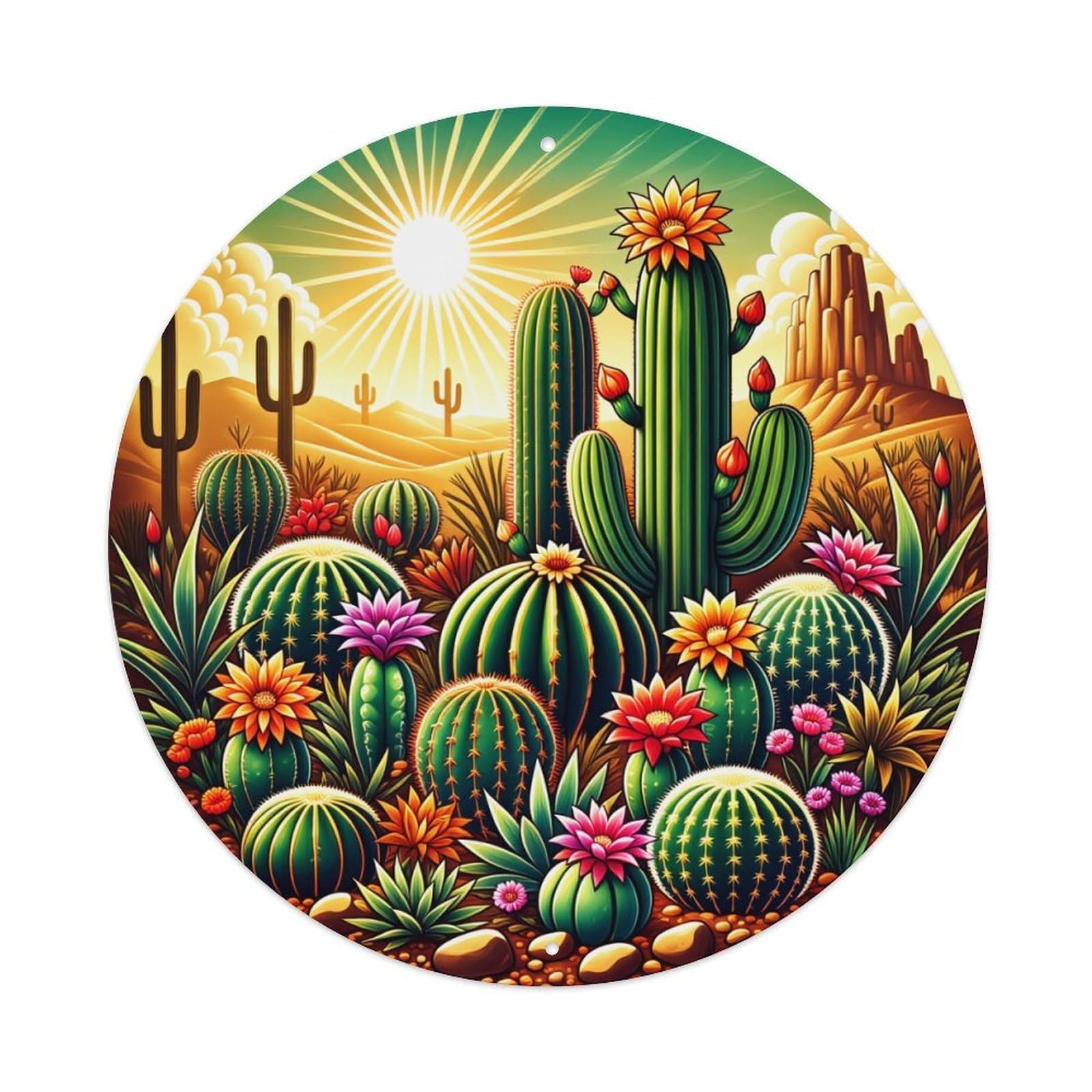 Desert Cactus Floral Sunlight Landscape Round Tin Sign Vintage Metal Poster, Home Bar Garage Man Cave Cafe Indoor & Outdoor Wall Decoration 8x8Inches